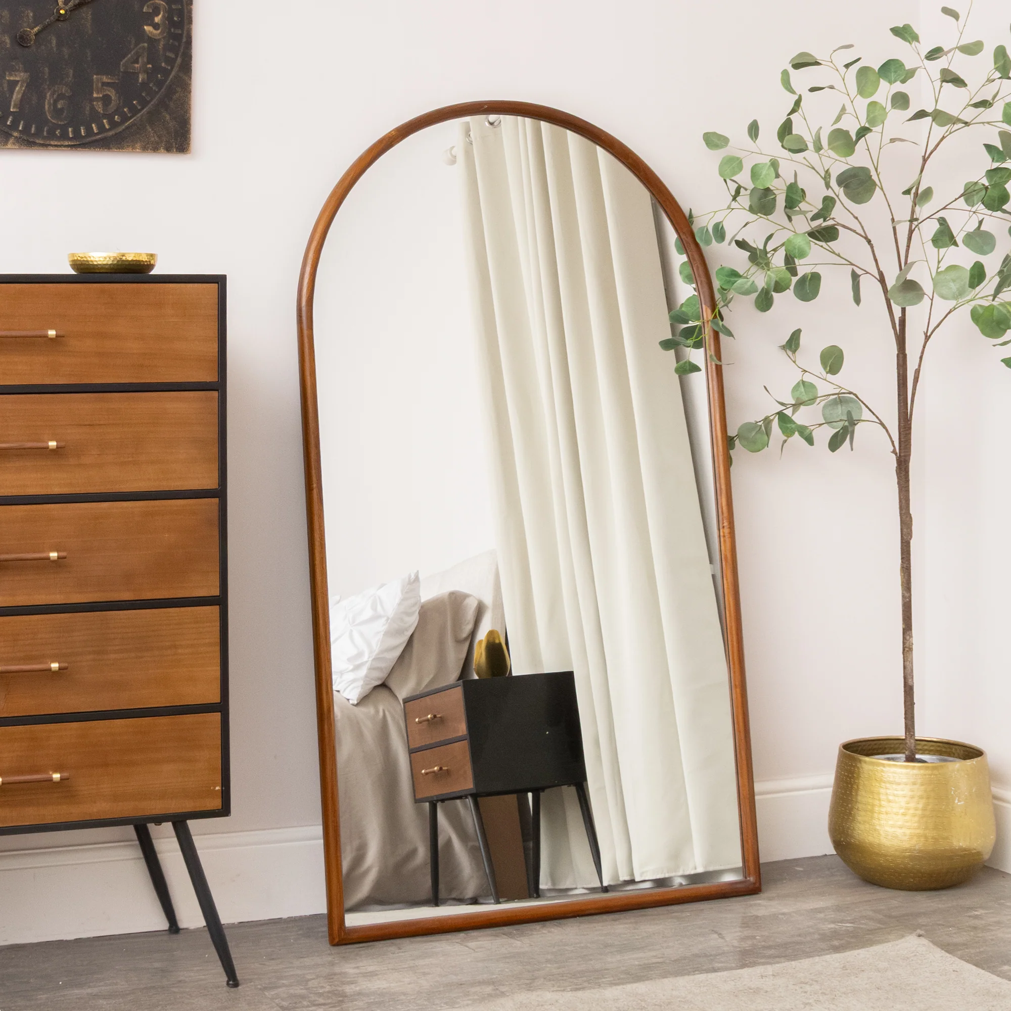 Large Walnut Wooden Framed Arched Leaner Mirror - 90cm x 158cm