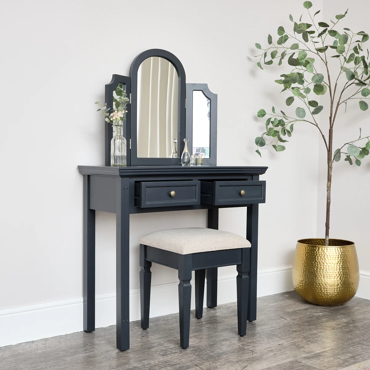 Large Dressing Table, Mirror & Stool Set - Daventry Navy Black Range - Image 3