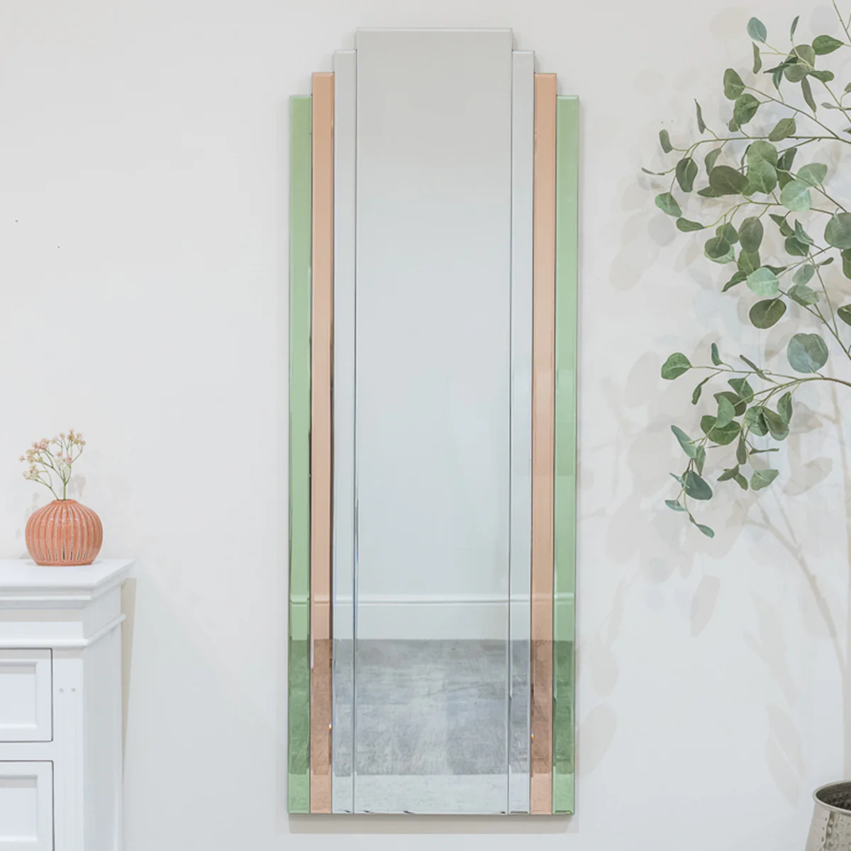 Large Frameless Pink & Green Glass Art Deco Wall Mirror 52cm x 142cm - Image 4