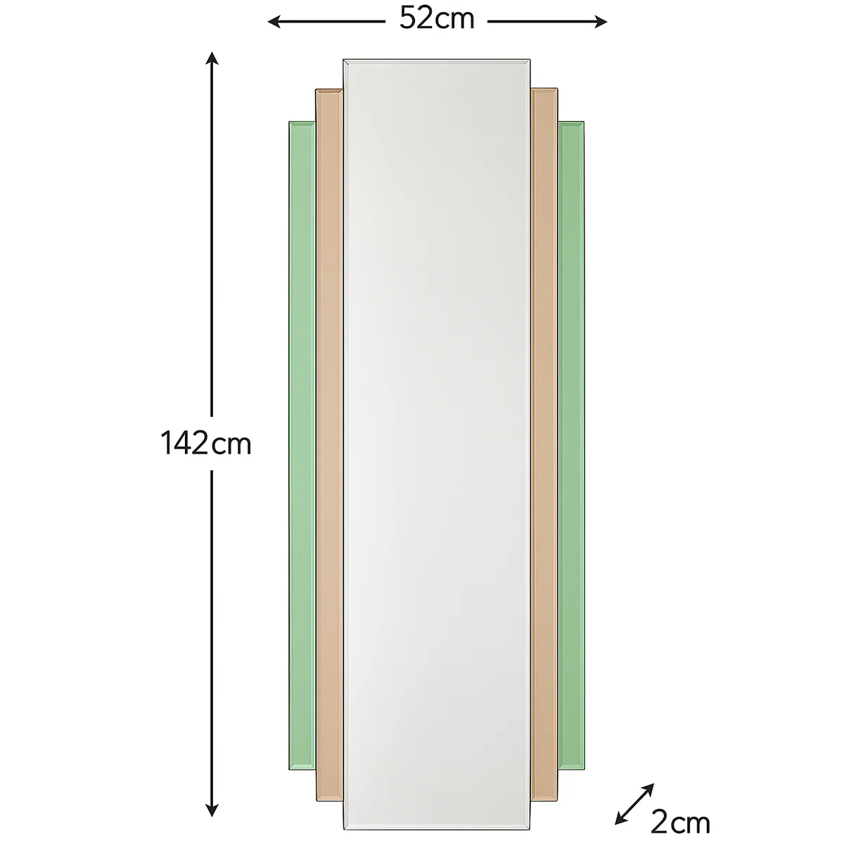Large Frameless Pink & Green Glass Art Deco Wall Mirror 52cm x 142cm - Image 5