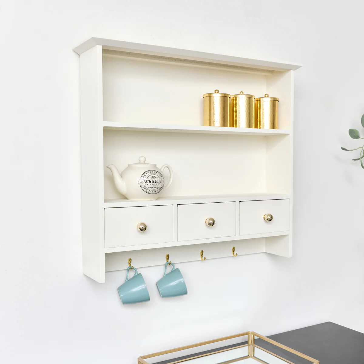 Large Ivory Wall Shelf Unit with Drawer Storage and Hooks - Image 3