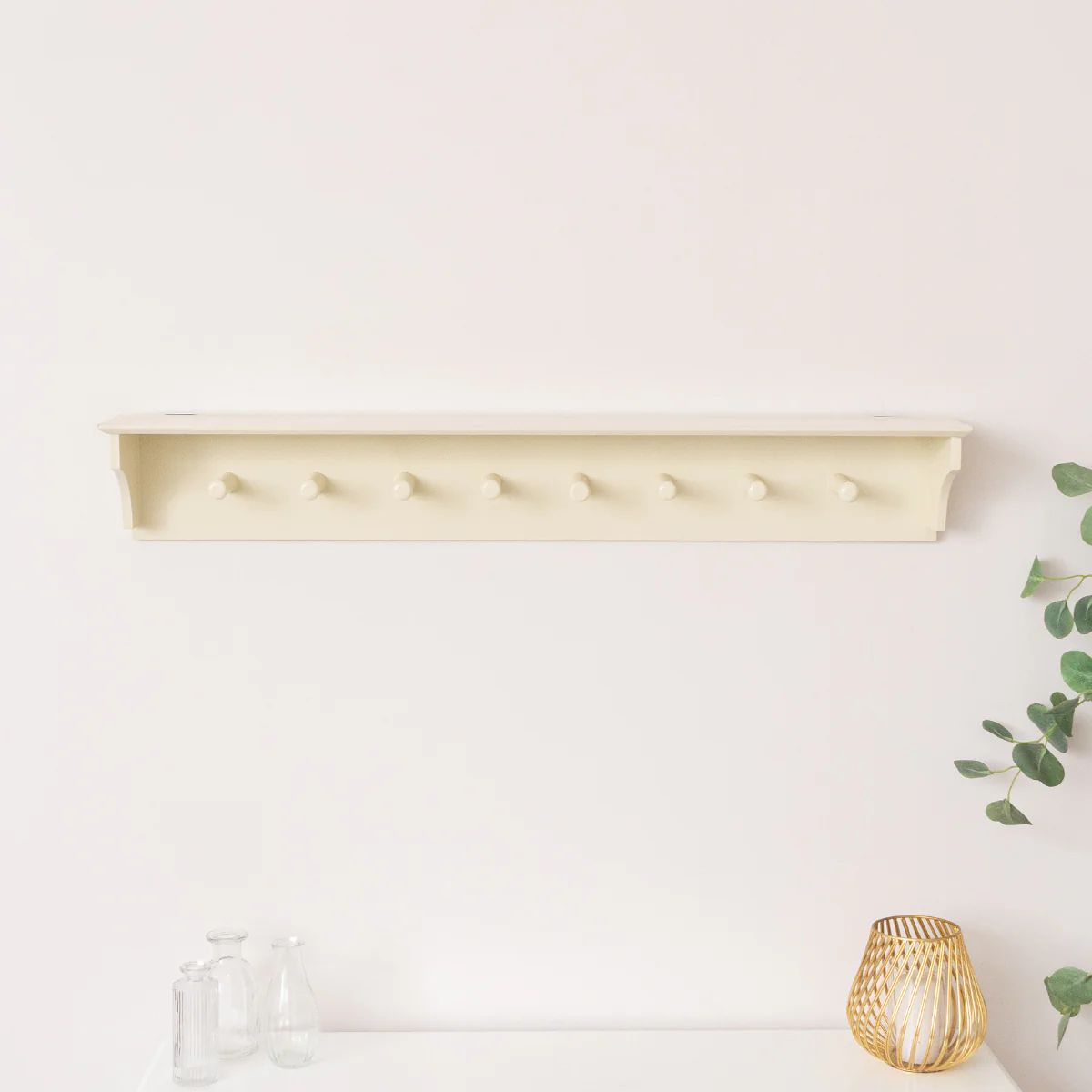 Large Ivory Wooden Wall Shelf with Hooks - 100cm - Image 3