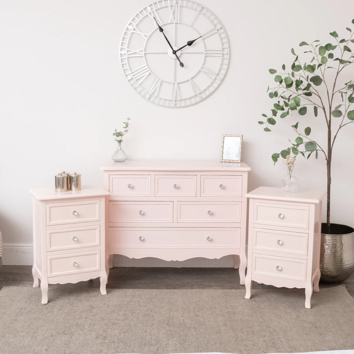 Large Pink 6 Drawer Chest of Drawers & Pair of 3 Drawer Bedsides - Sophia Pink Range