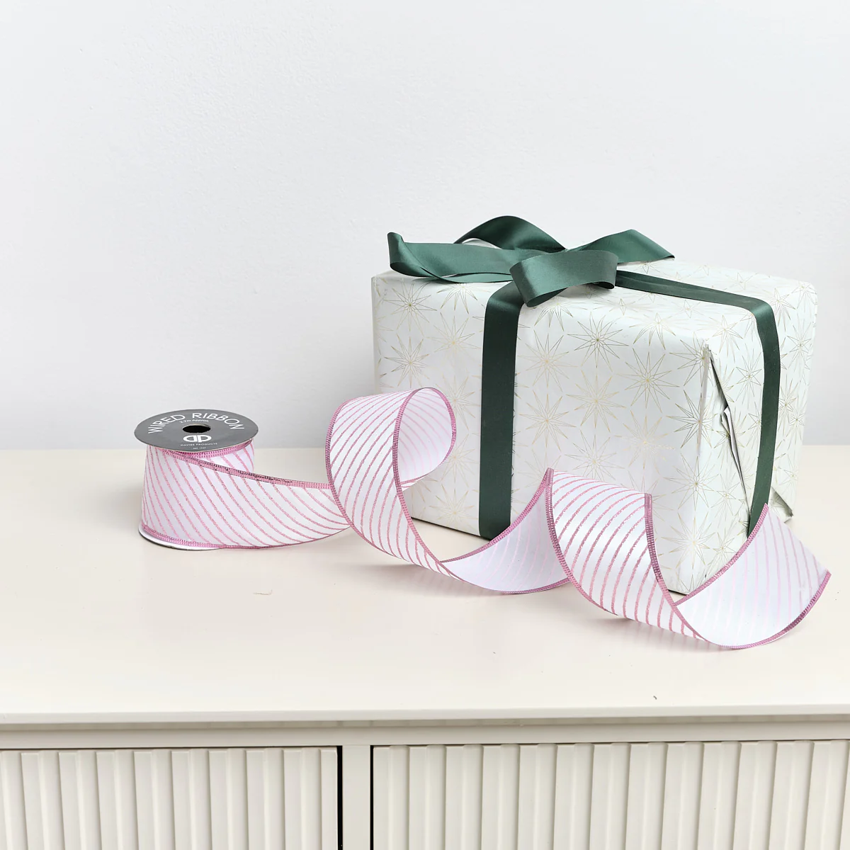 Large Pink & White Diagonal Striped Wired Ribbon Garland - 270m - Image 3