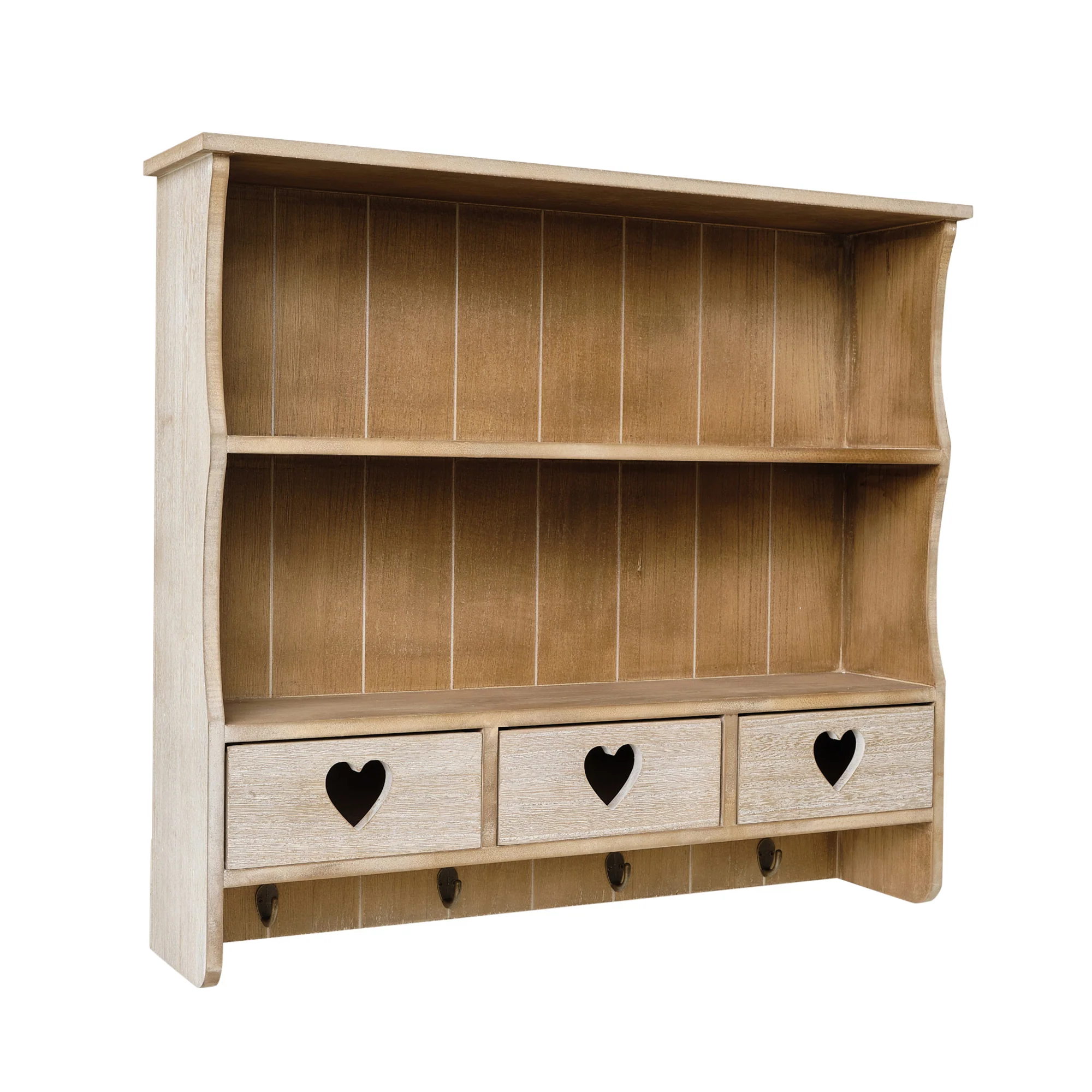 Large Rustic Wooden Wall Shelving Unit with Heart Drawers & Storage Hooks - Image 10