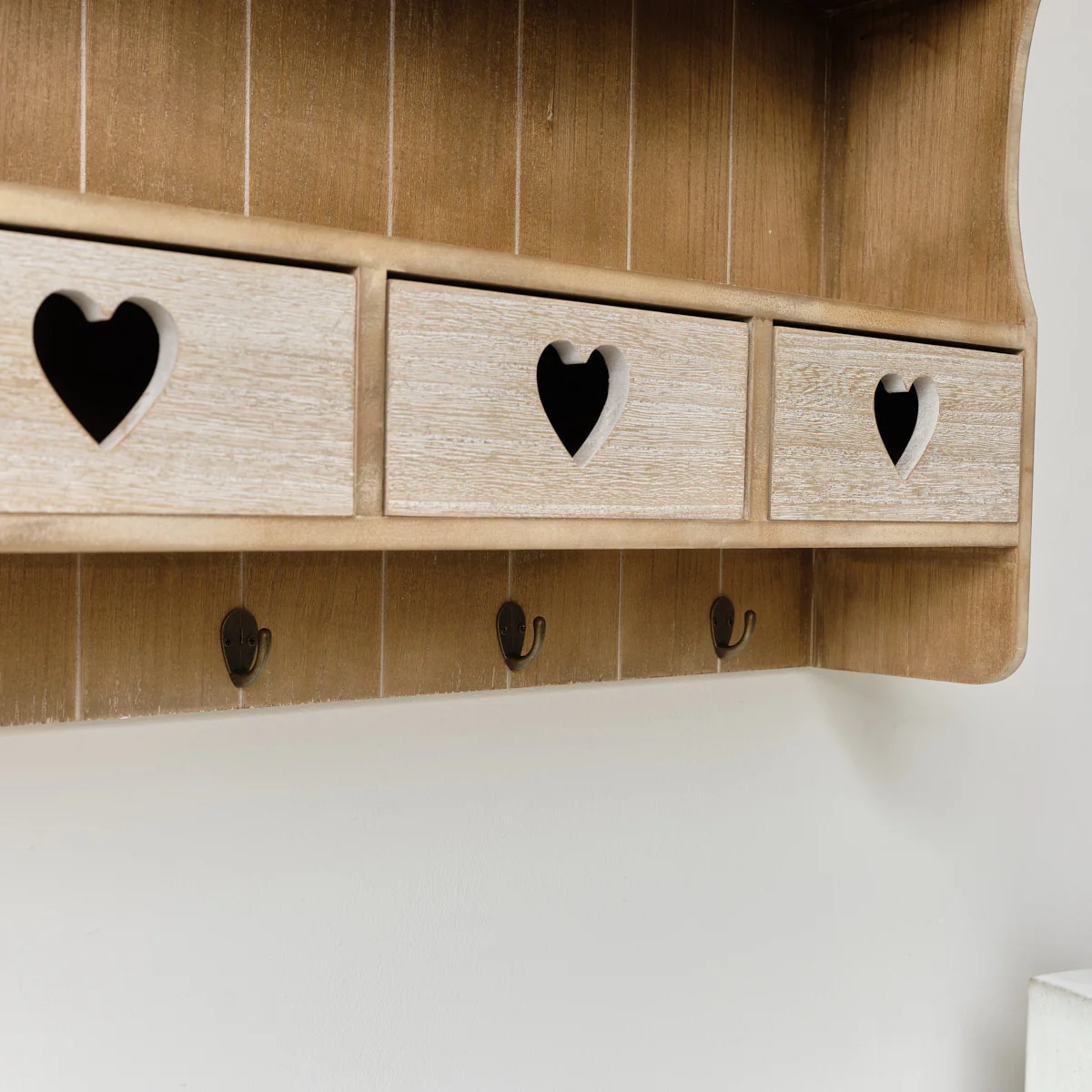 Large Rustic Wooden Wall Shelving Unit with Heart Drawers & Storage Hooks - Image 3