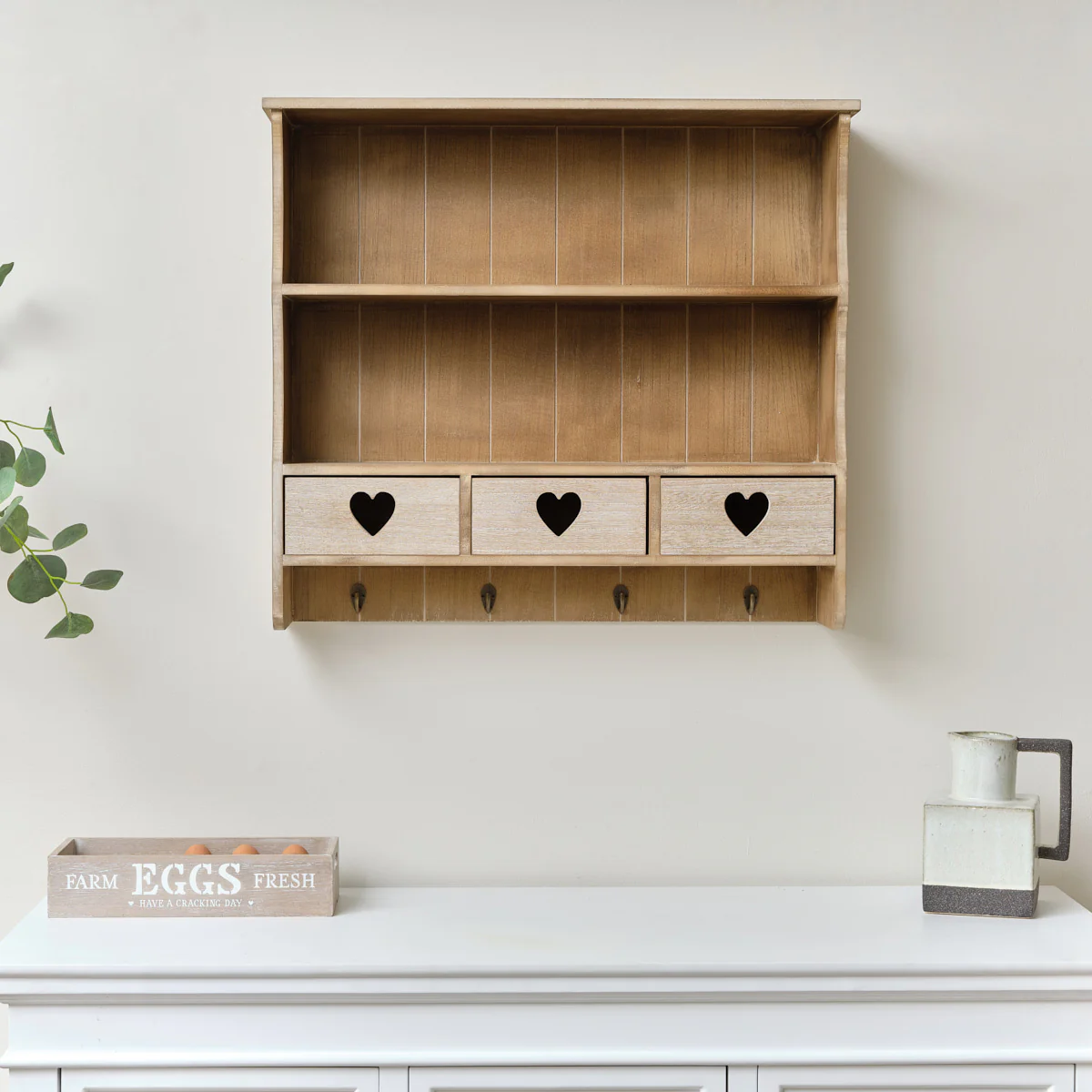Large Rustic Wooden Wall Shelving Unit with Heart Drawers & Storage Hooks - Image 4