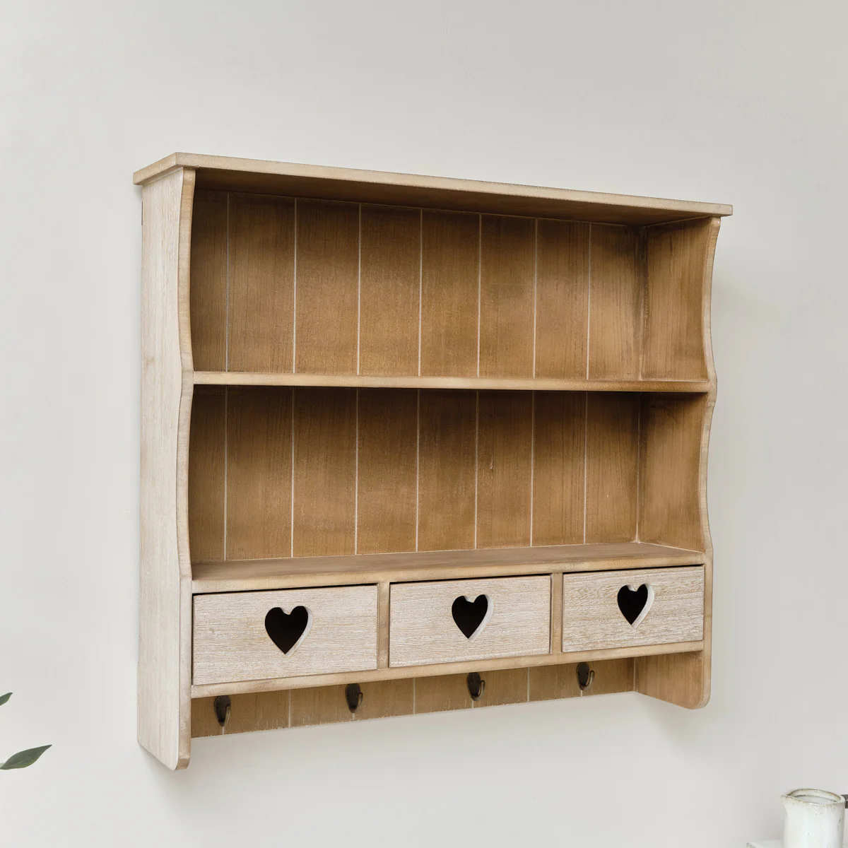 Large Rustic Wooden Wall Shelving Unit with Heart Drawers & Storage Hooks - Image 5
