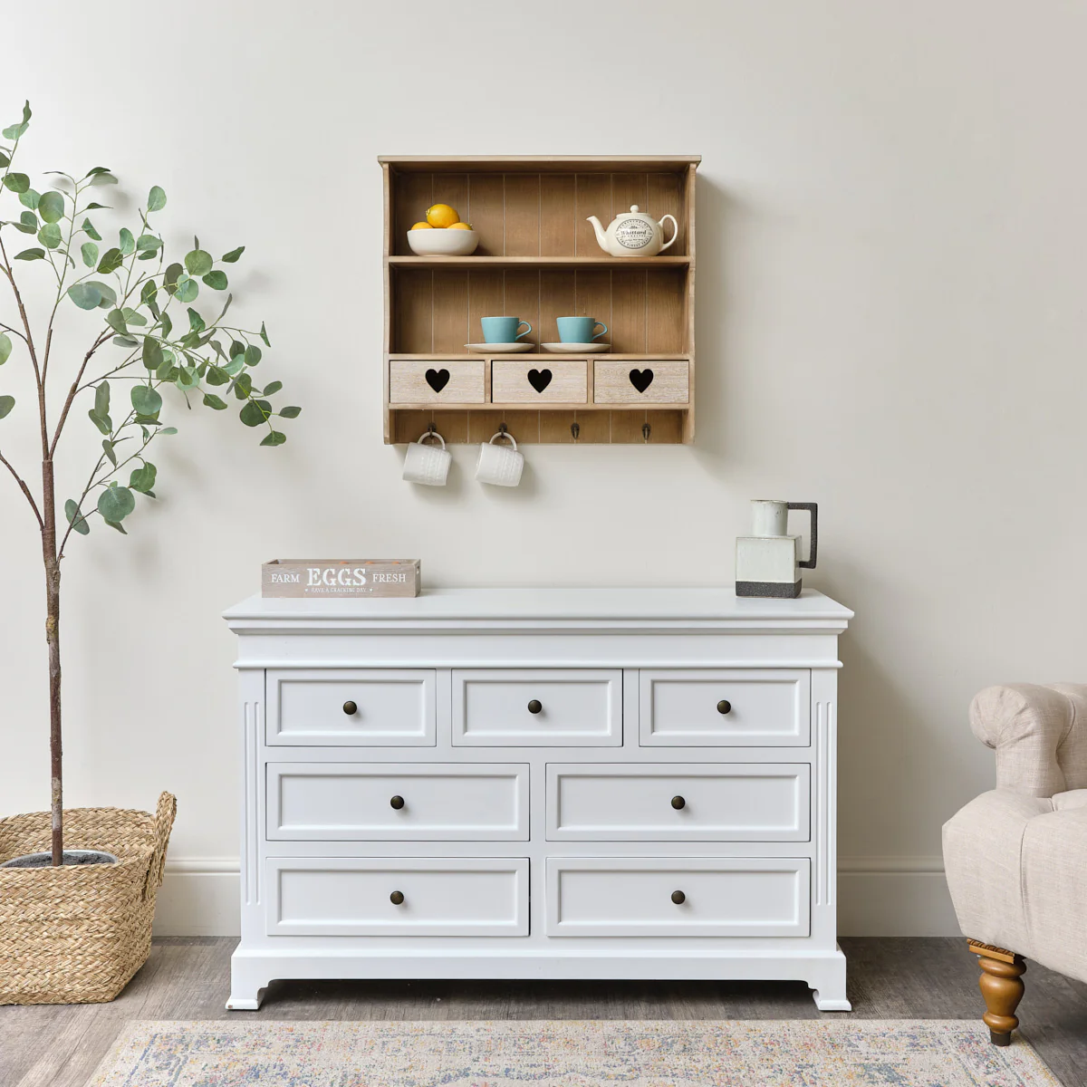 Large Rustic Wooden Wall Shelving Unit with Heart Drawers & Storage Hooks - Image 6