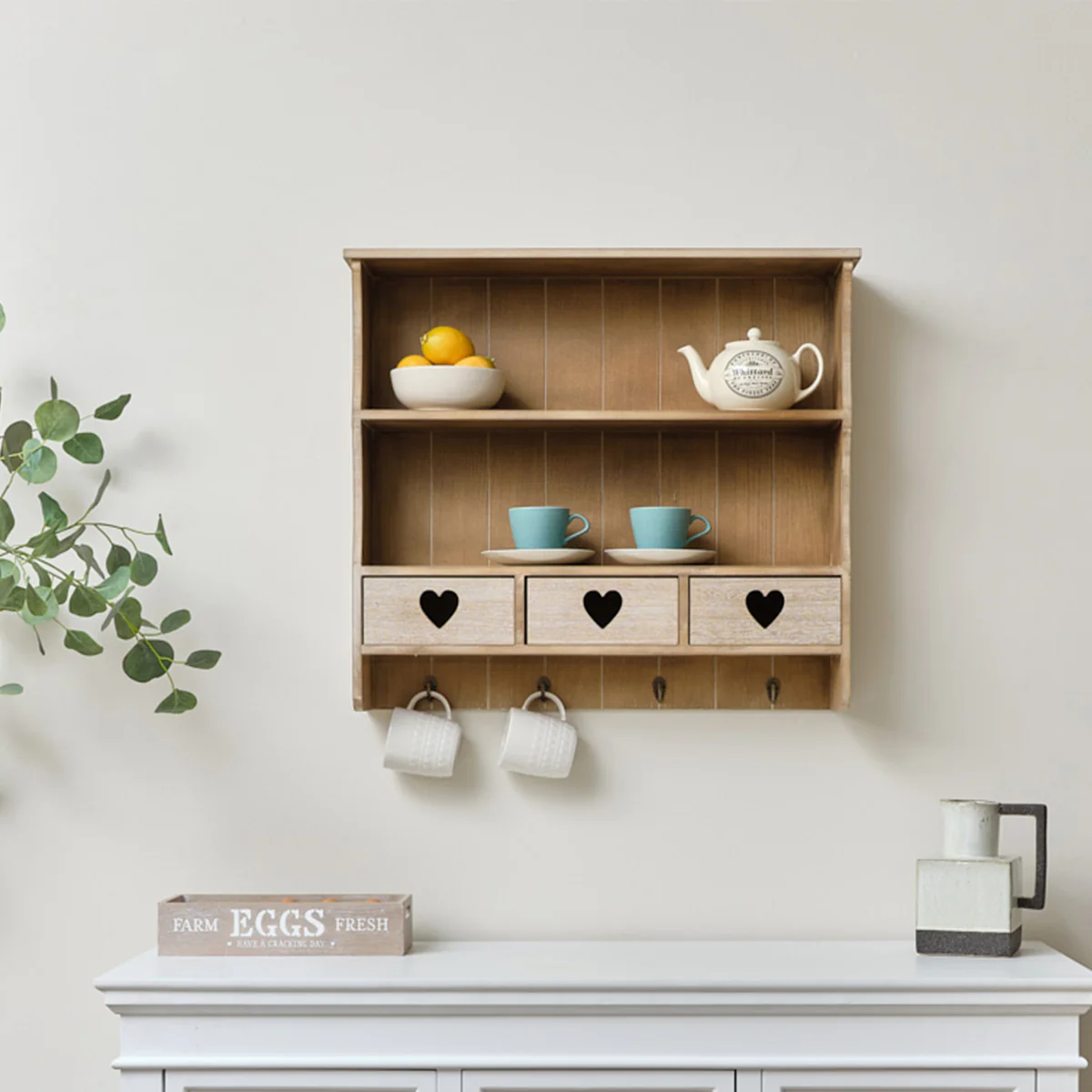 Large Rustic Wooden Wall Shelving Unit with Heart Drawers & Storage Hooks - Image 7