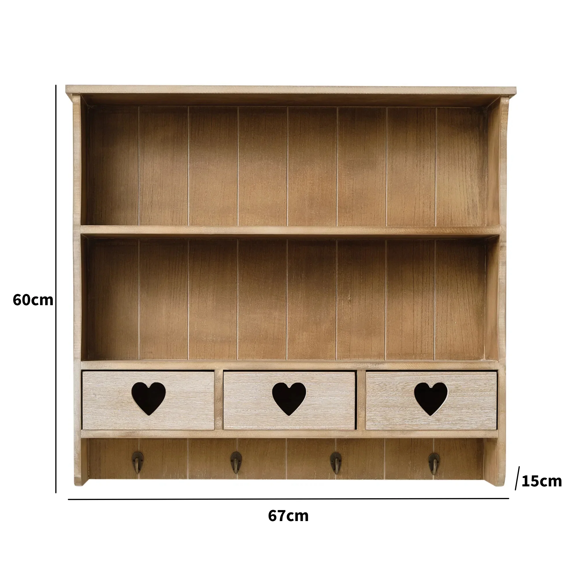 Large Rustic Wooden Wall Shelving Unit with Heart Drawers & Storage Hooks - Image 8