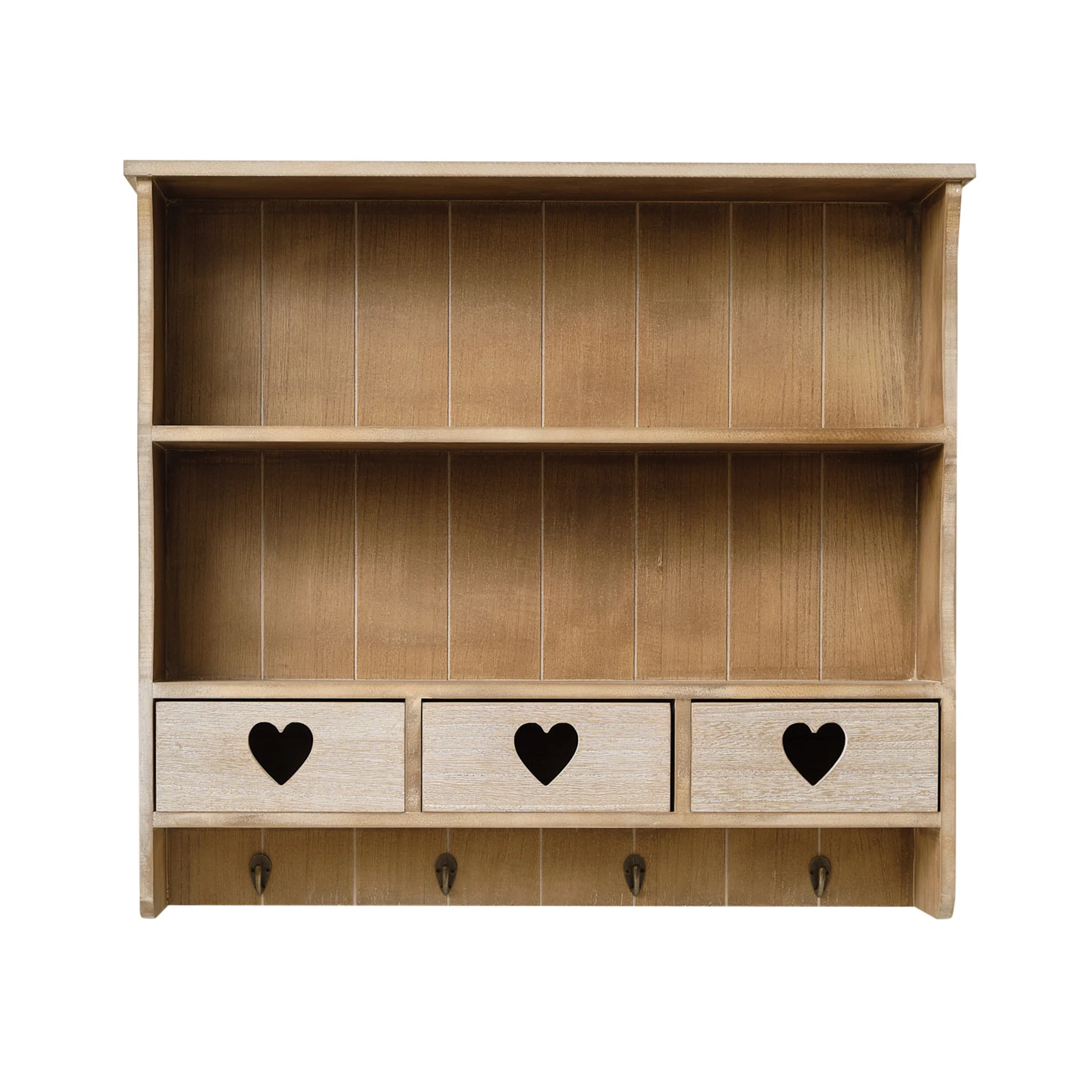 Large Rustic Wooden Wall Shelving Unit with Heart Drawers & Storage Hooks - Image 9