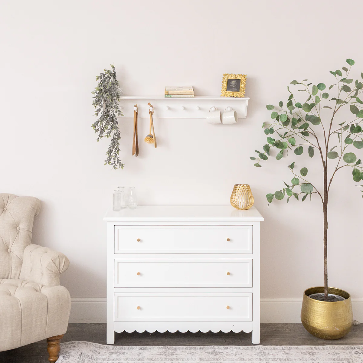 Large White Washed Mango Wooden Wall Shelf with Hooks - 100cm - Image 5