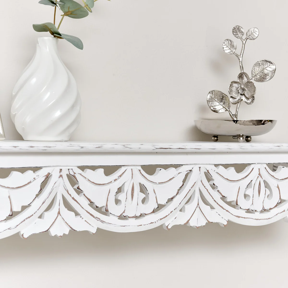 Large White Wooden Carved Boho Wall Shelf - 81cm - Image 4
