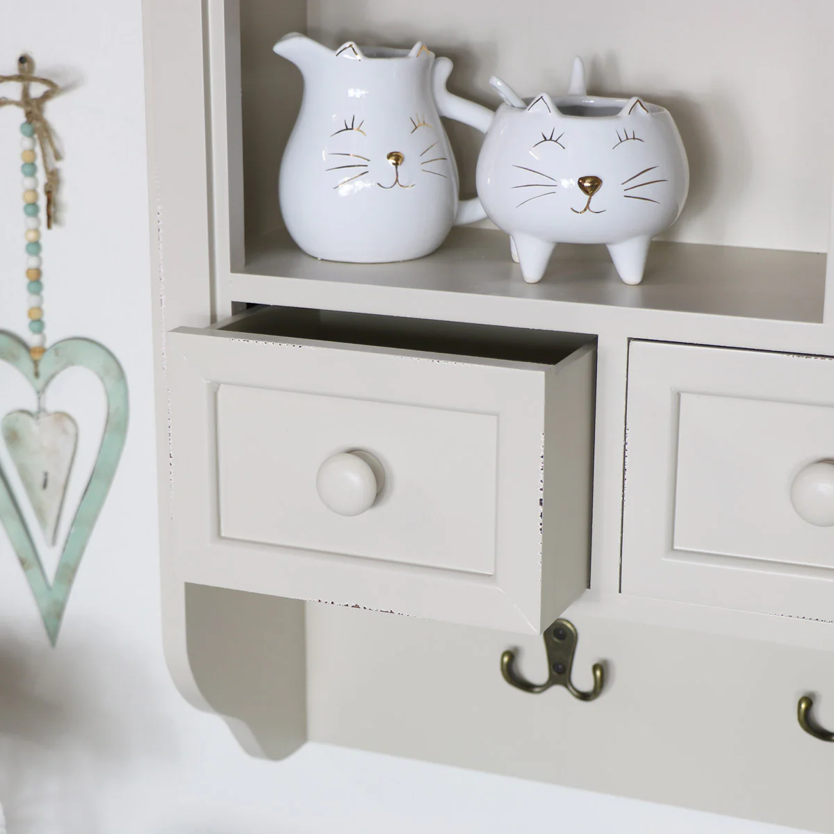 Cream Wall Mounted Cupboard with hooks - Lyon Range - Image 4