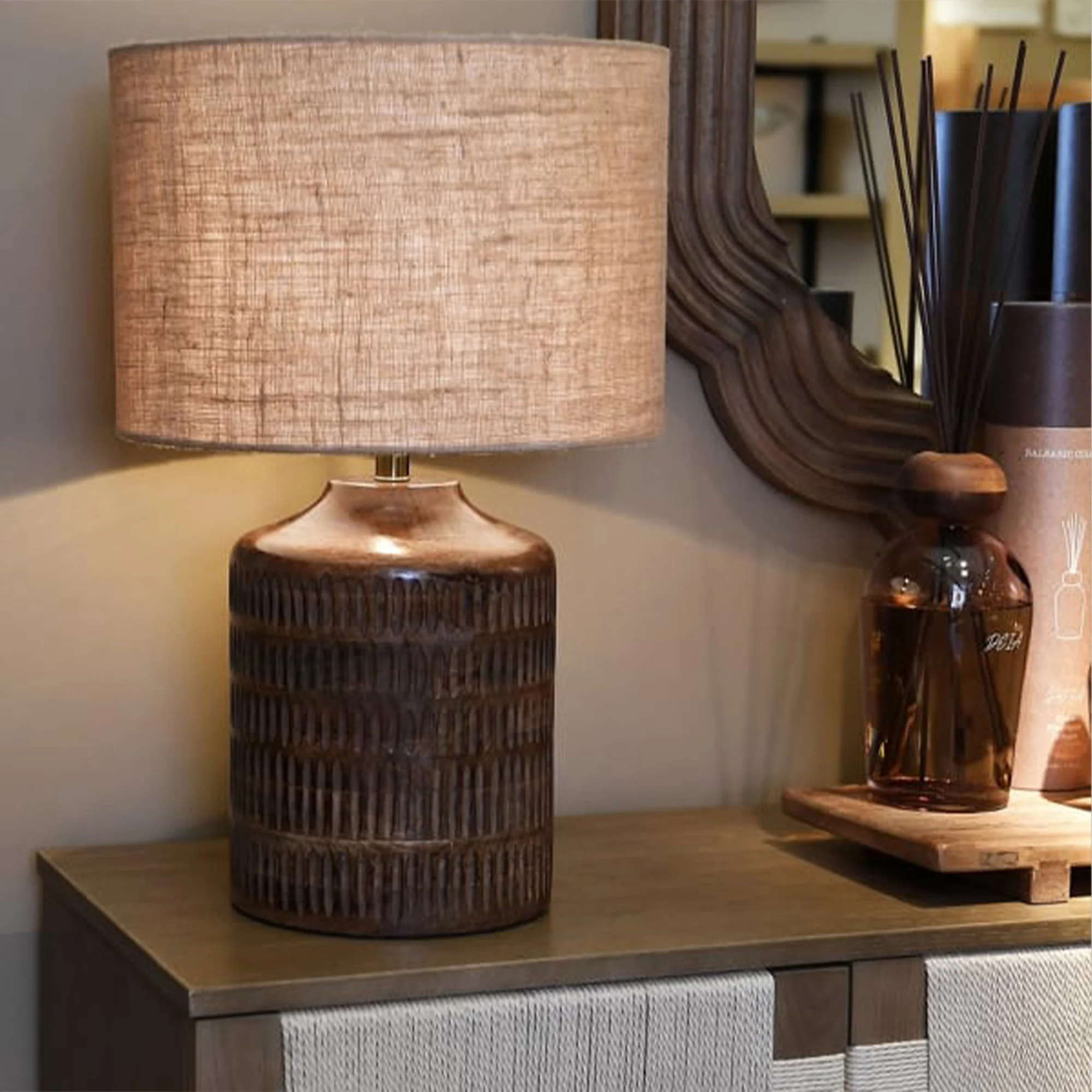 Mango Wood Ridged Table Lamp with Jute Shade