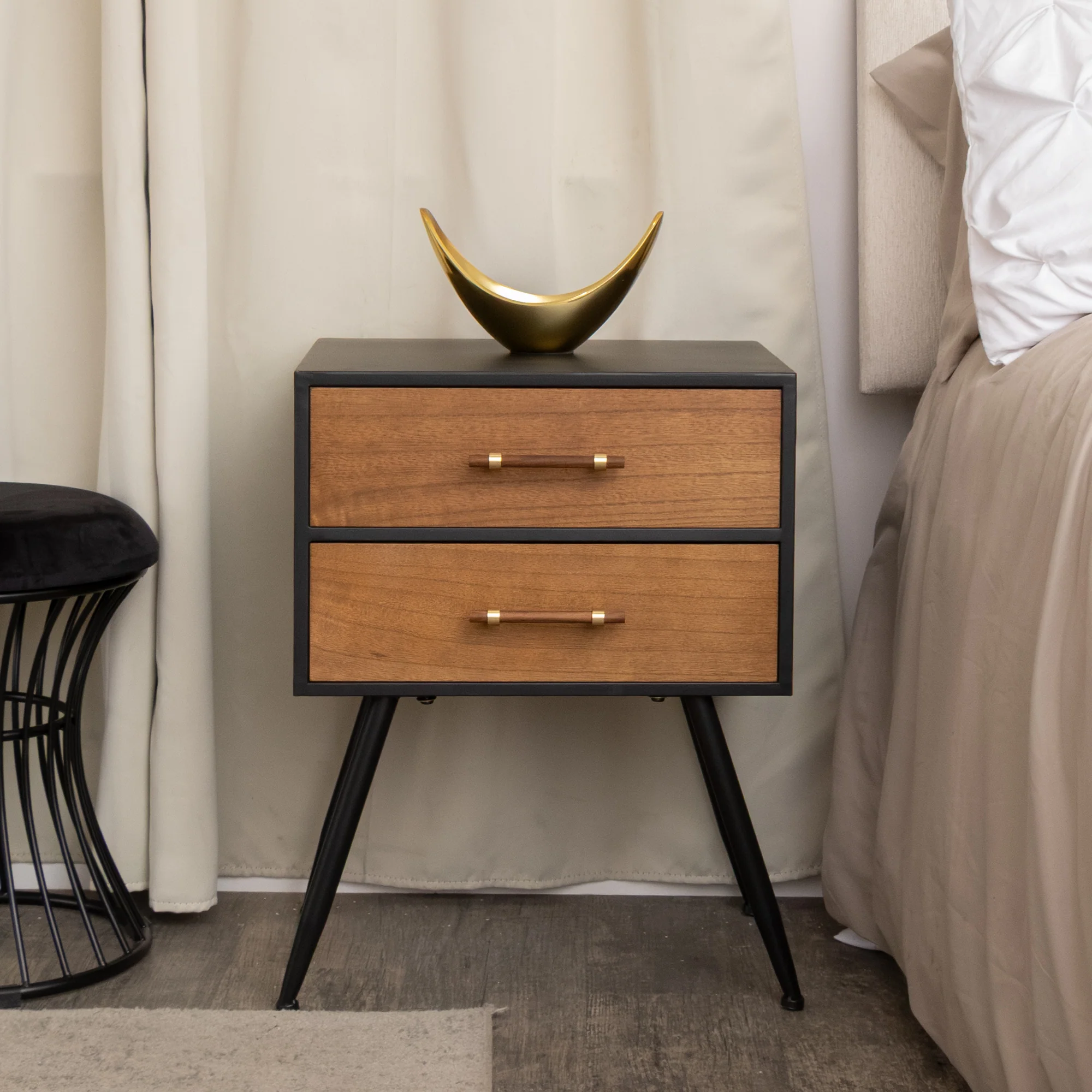 Mid-Century Modern Wood & Black 2 Drawer Bedside - Industrial Range - Image 5