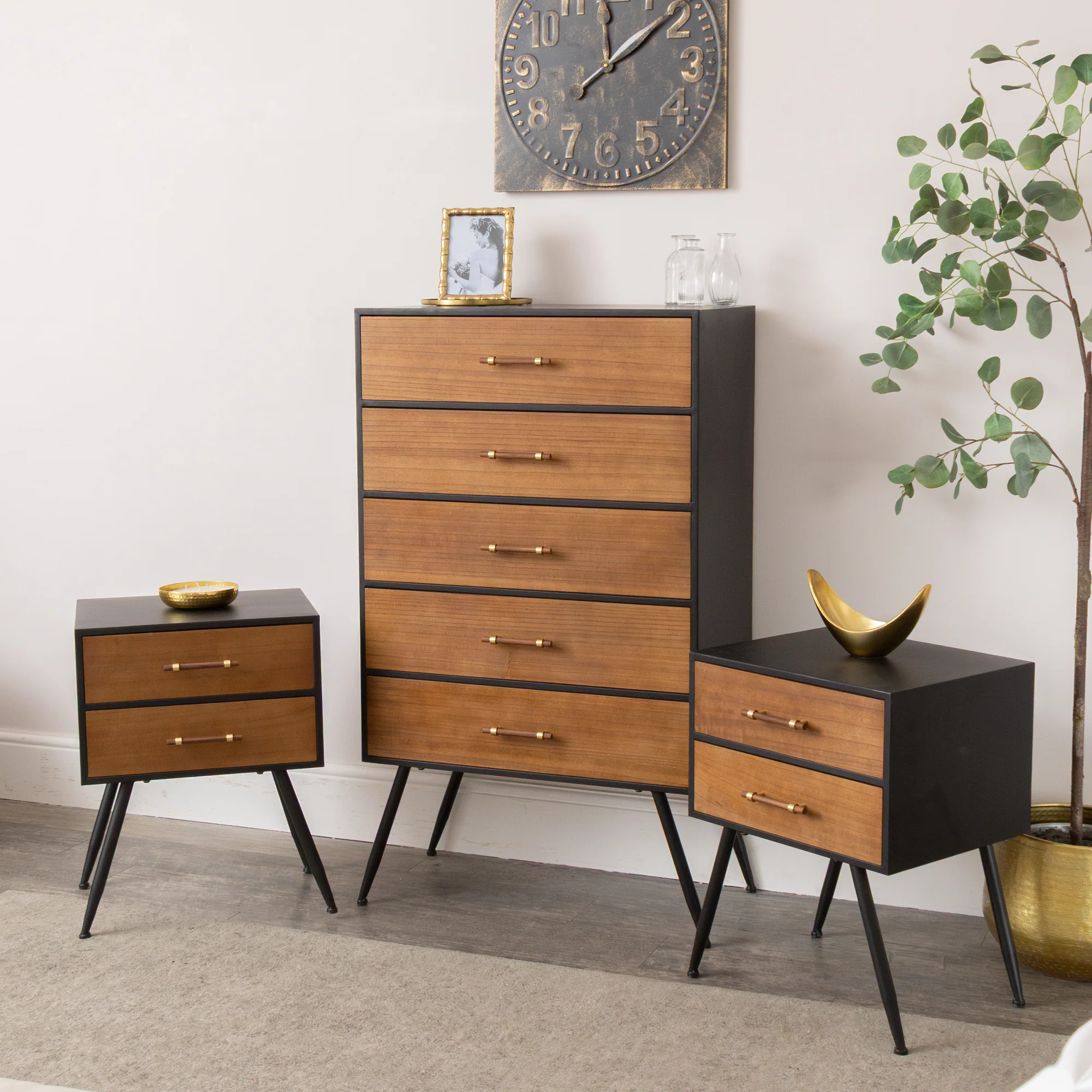Mid-Century Modern Wooden & Black 5 Drawer Tallboy & Pair of 2 Drawer Bedside Tables - Industrial Range - Image 5