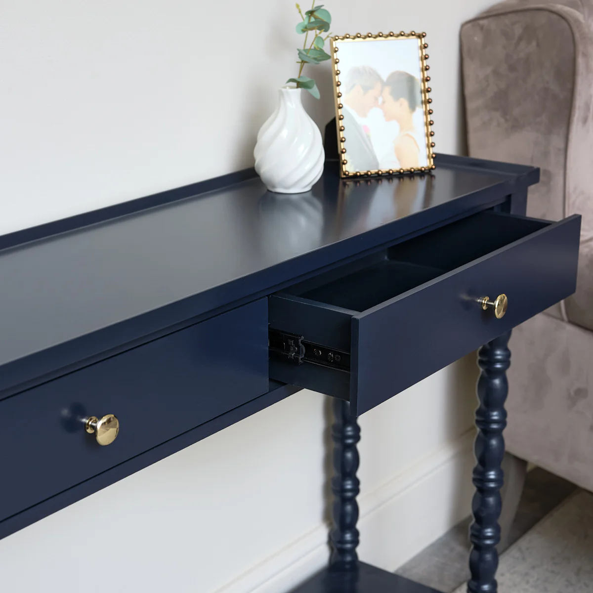 Navy Blue Bobble 2 Drawer Console Table 110cm x 78cm - Image 3