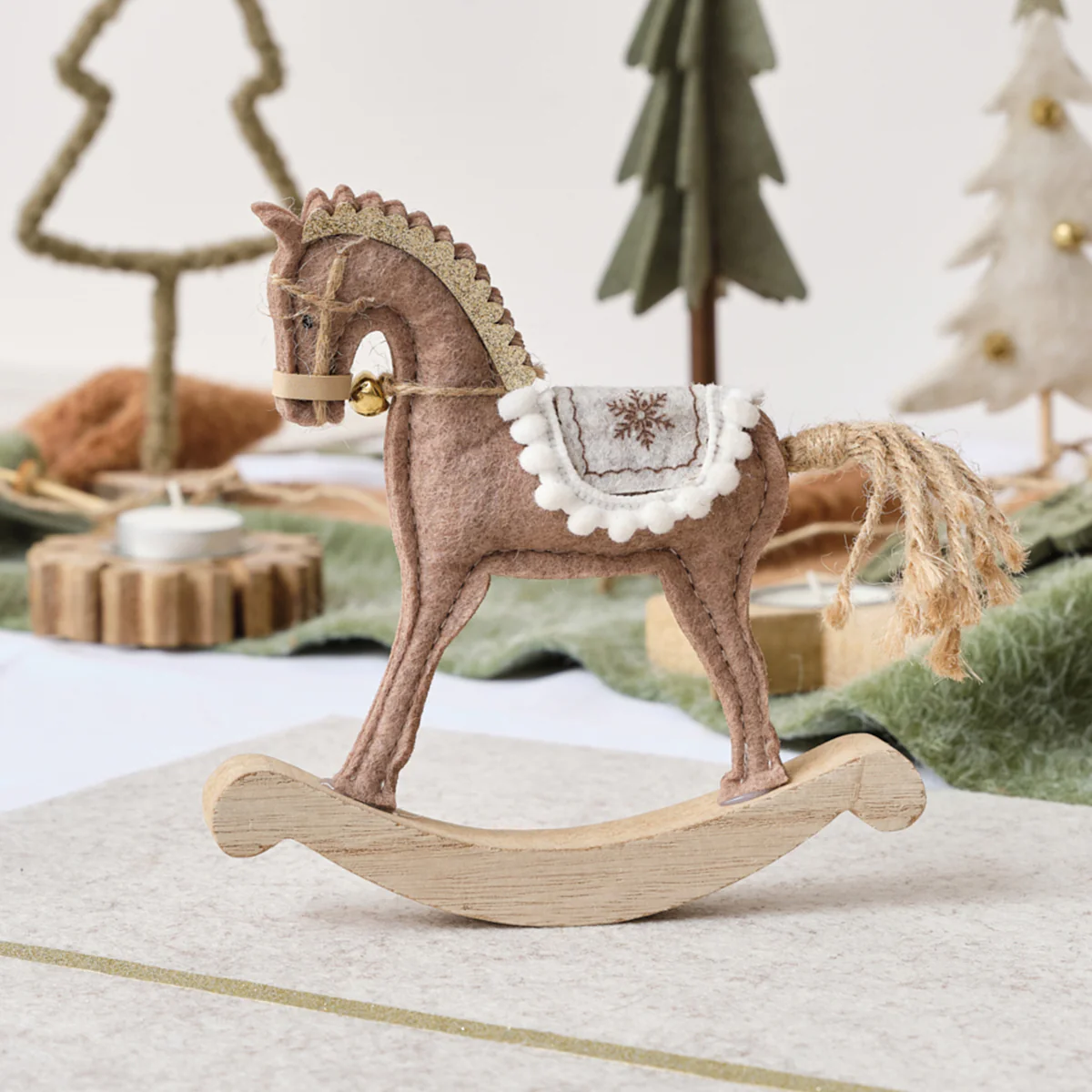 Neutral Brown Felt Standing Rocking Horse Decoration - 16cm - Image 3