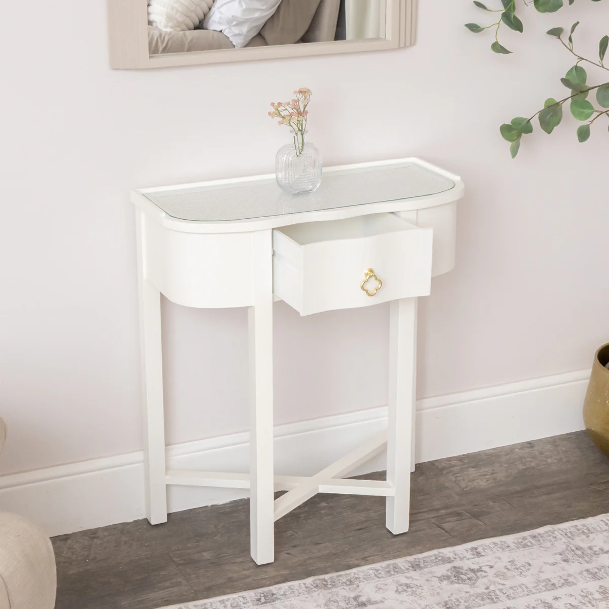 One Drawer Half Moon Console Table with Hessian & Glass Top - Austin White Range - Image 4