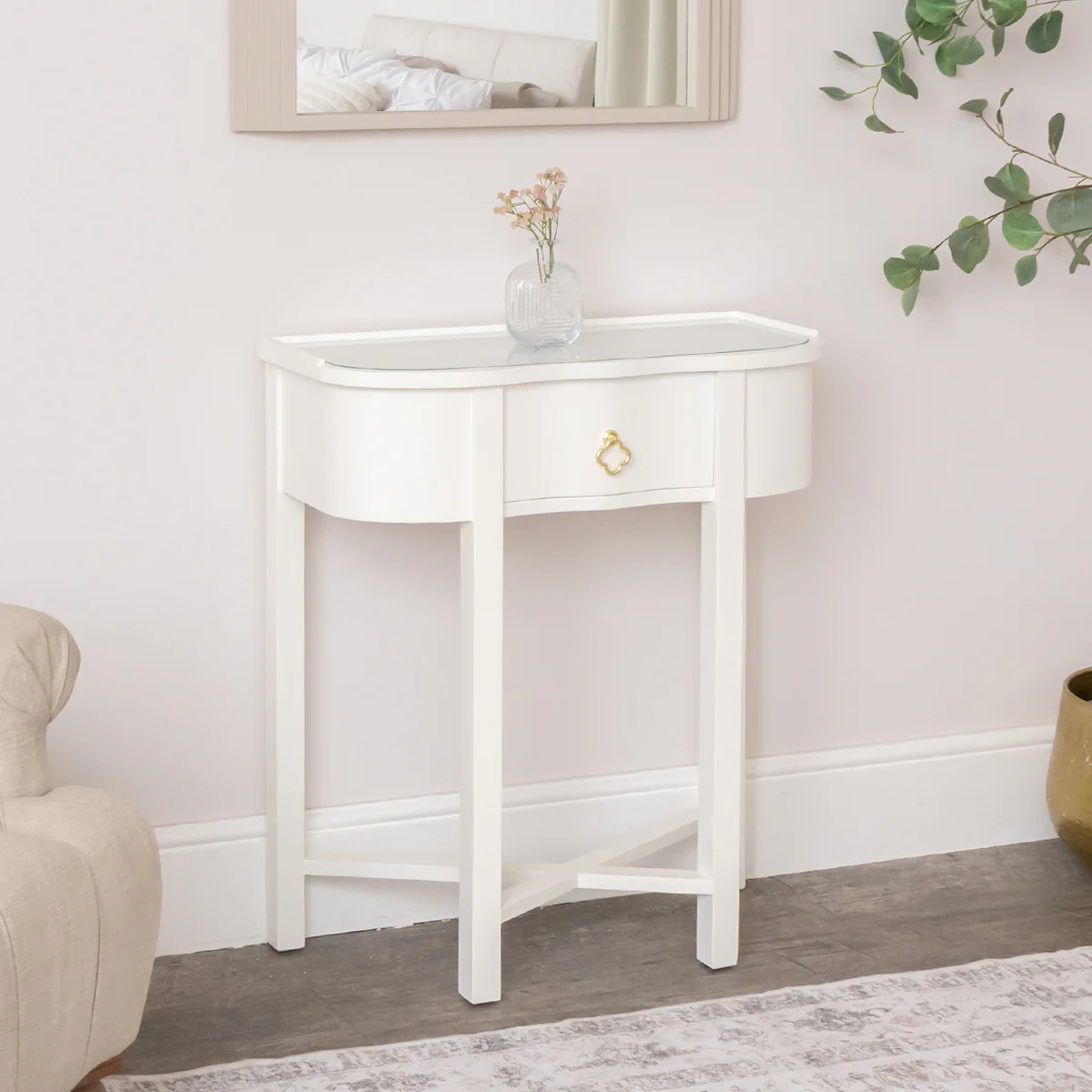 One Drawer Half Moon Console Table with Hessian & Glass Top - Austin White Range - Image 5