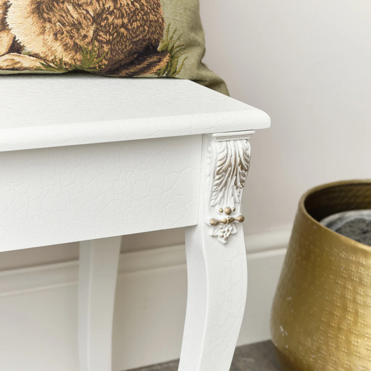 Ornate White Detailed Bench with Wooden Top - Pays Blanc Range - Image 3