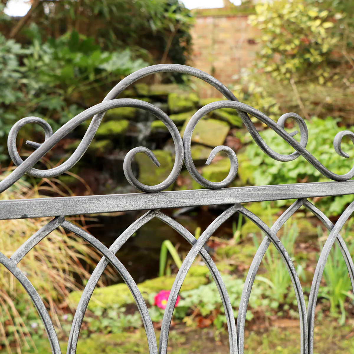 Ornate Distressed Grey Metal Garden Bench 98cm x 114cm - Image 2