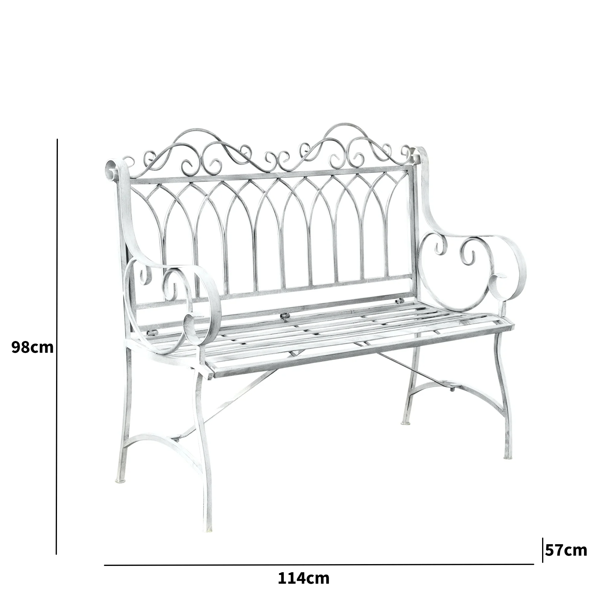 Ornate Distressed Grey Metal Garden Bench 98cm x 114cm - Image 7