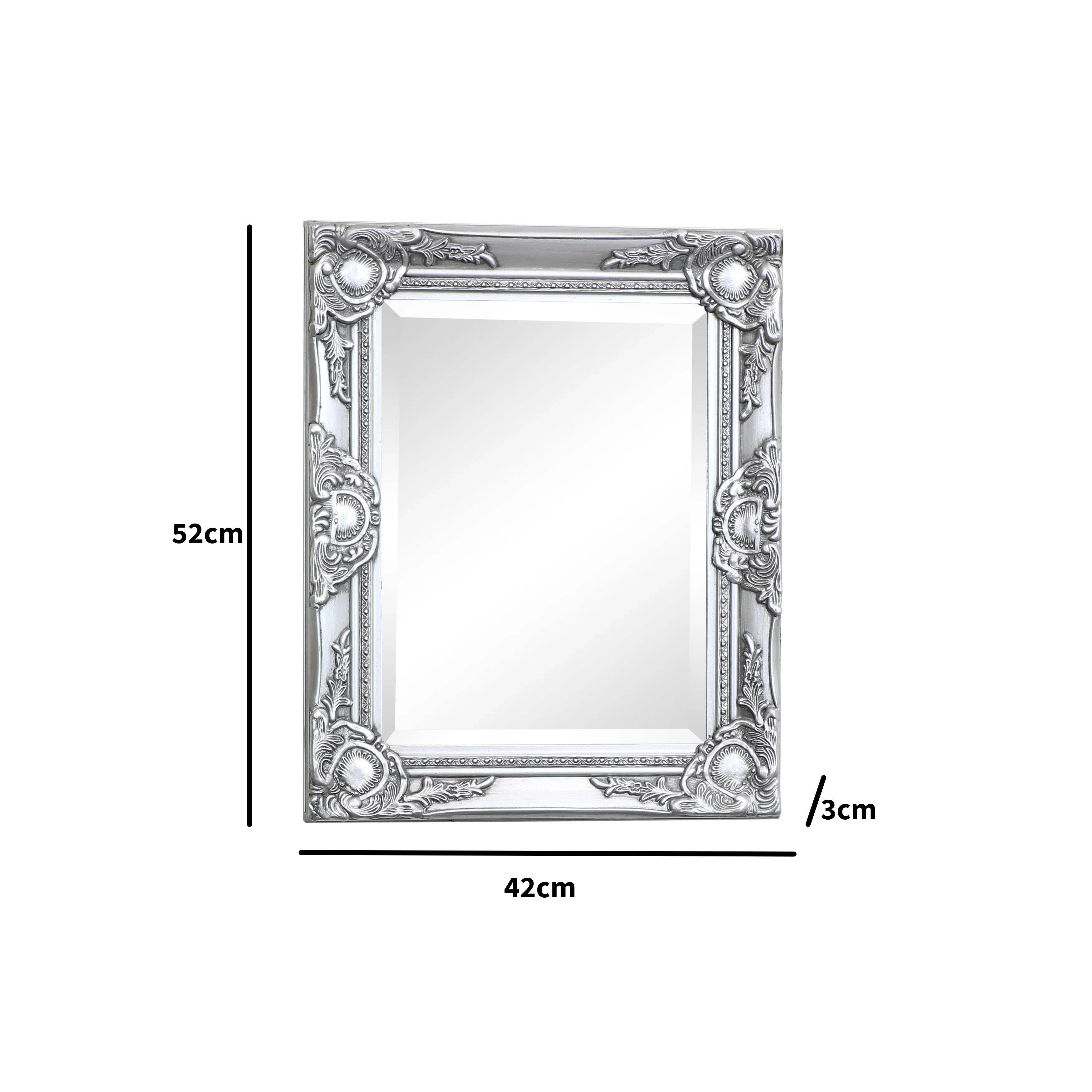 Ornate Silver Wall Mirror with Bevelled Glass 52cm x 42cm - Image 4