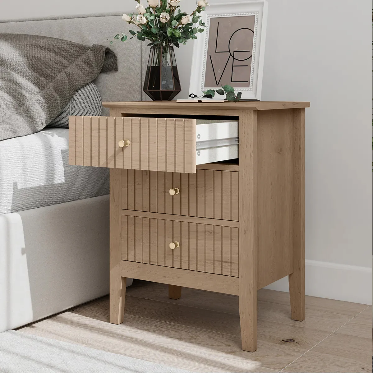 Pair of 3 Drawer Bedside Tables - Hales Pale Wood Range - Image 2