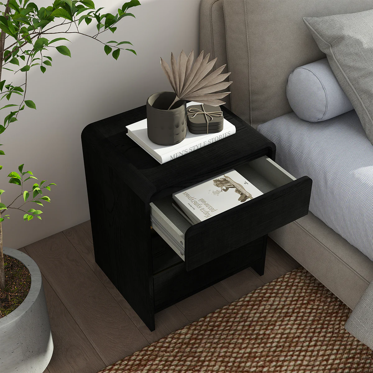 Pair of Black 3 Drawer Bedside Tables - Meridian Black Range - Image 2