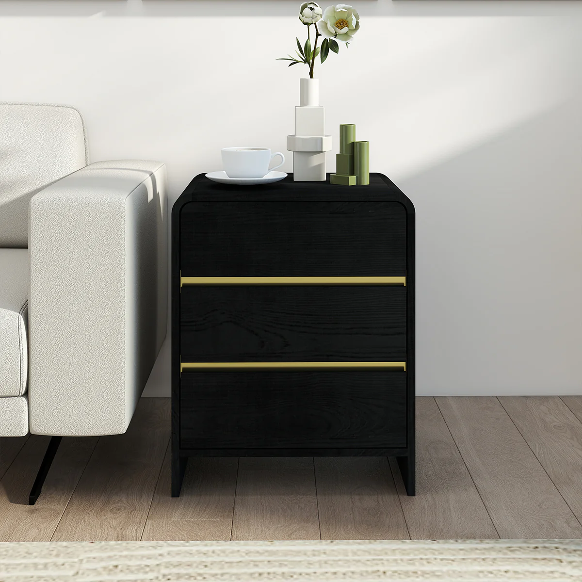 Pair of Black 3 Drawer Bedside Tables - Meridian Black Range - Image 4