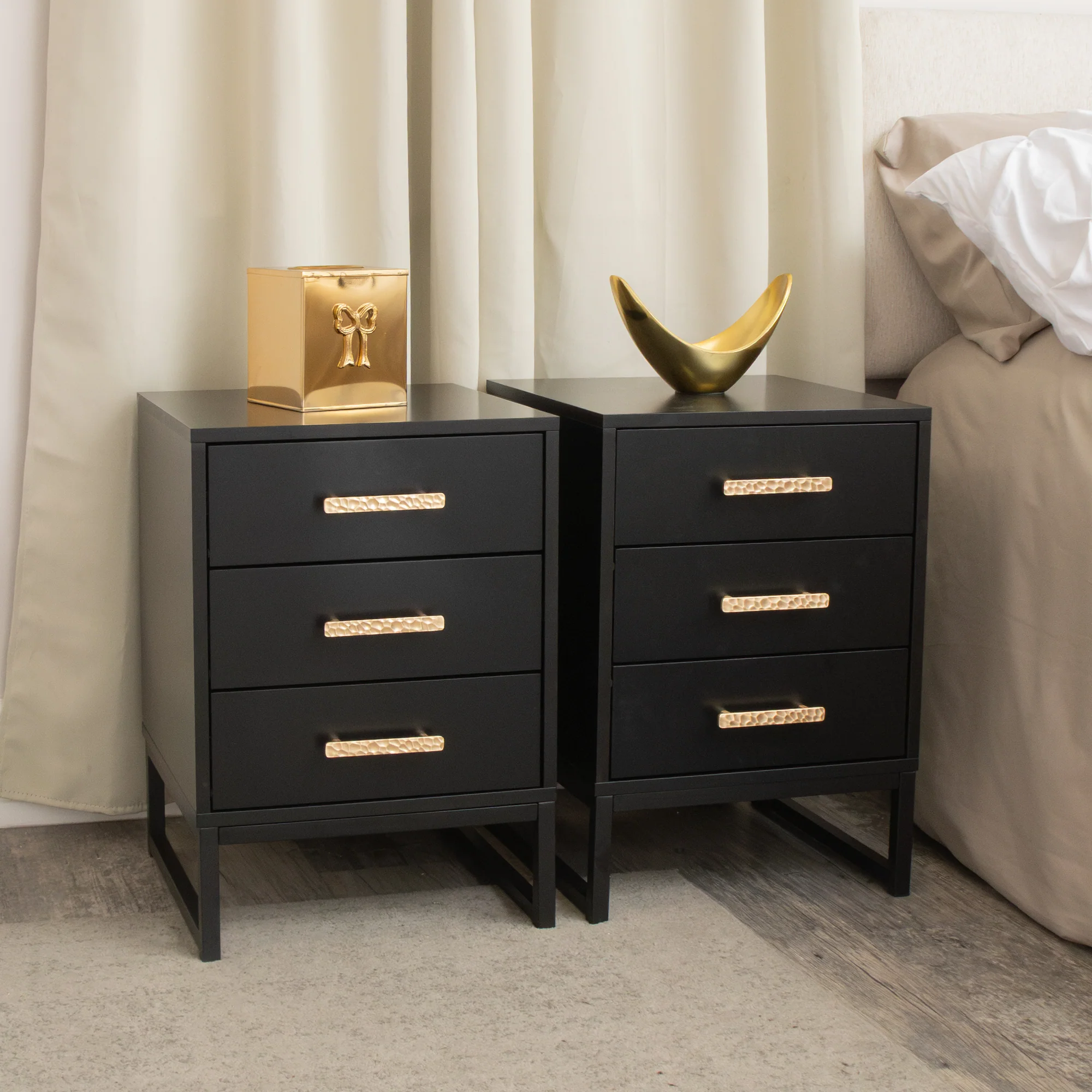 Pair of Black 3 Drawer Bedside Tables - Luna Black Range