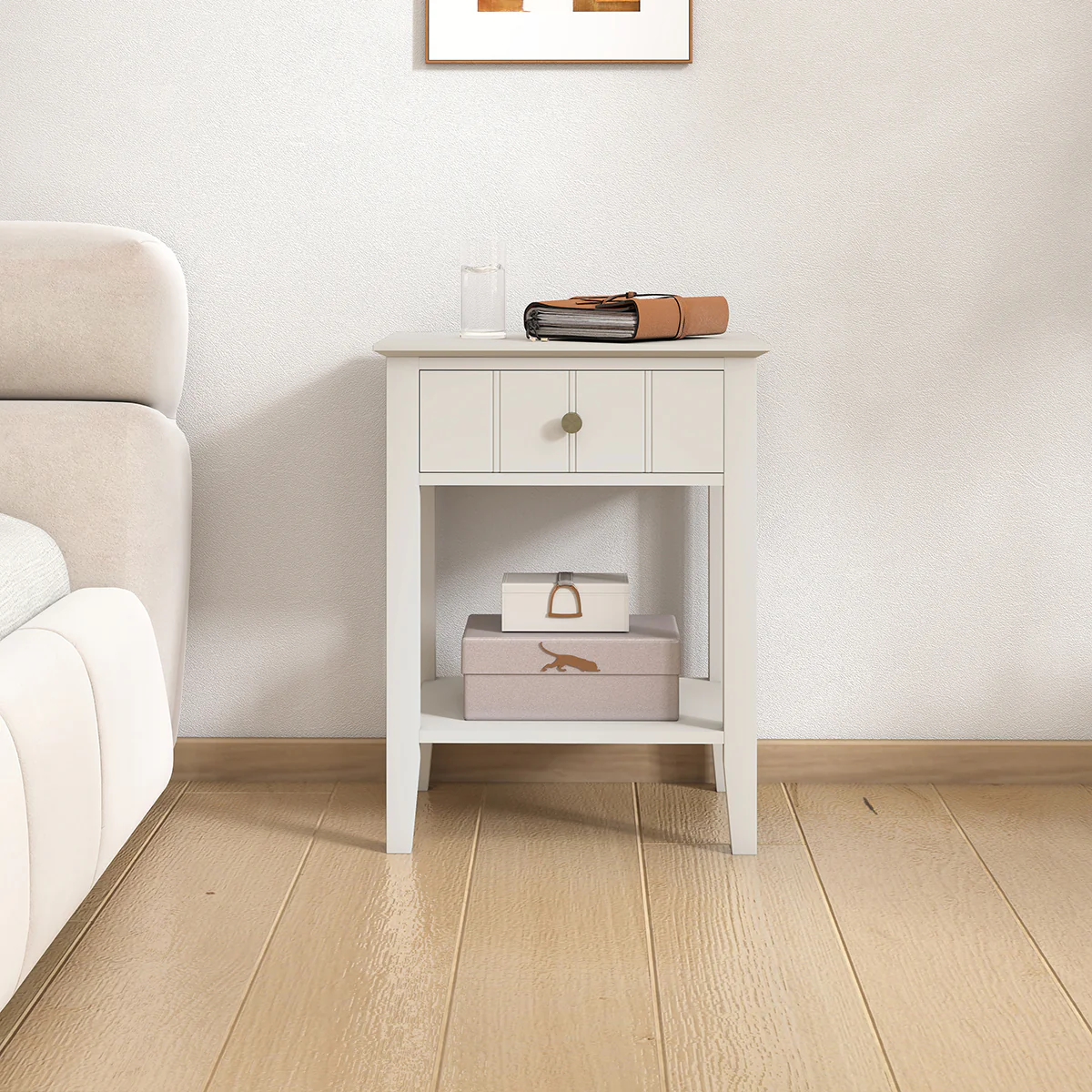 Pair Of Ivory One Drawer Bedside Tables with Shelf - Padstowe Ivory Range - Image 3