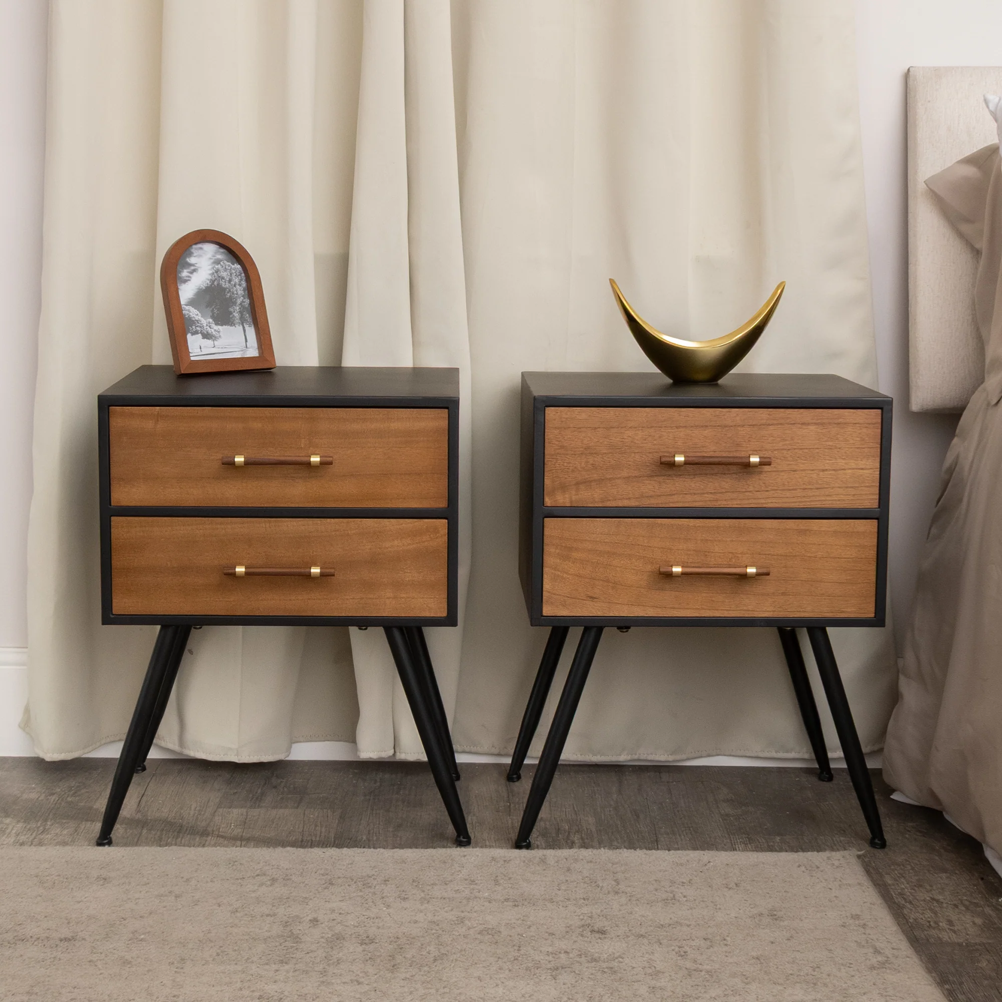 Pair of Mid-Century Modern Wood & Black 2 Drawer Bedside Tables - Industrial Range - Image 5