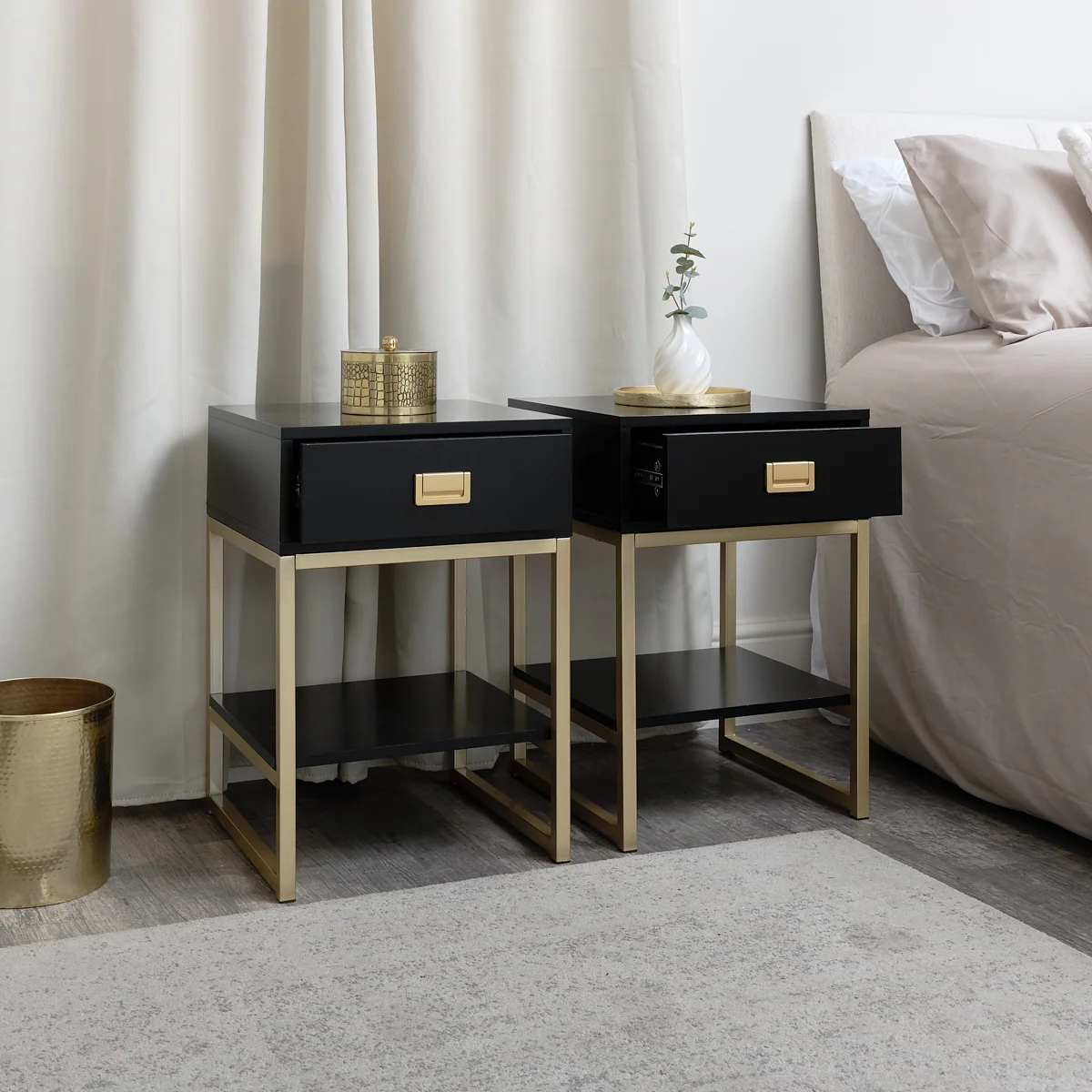 Pair of One Drawer Bedside Tables - Elle Black Range - Image 2