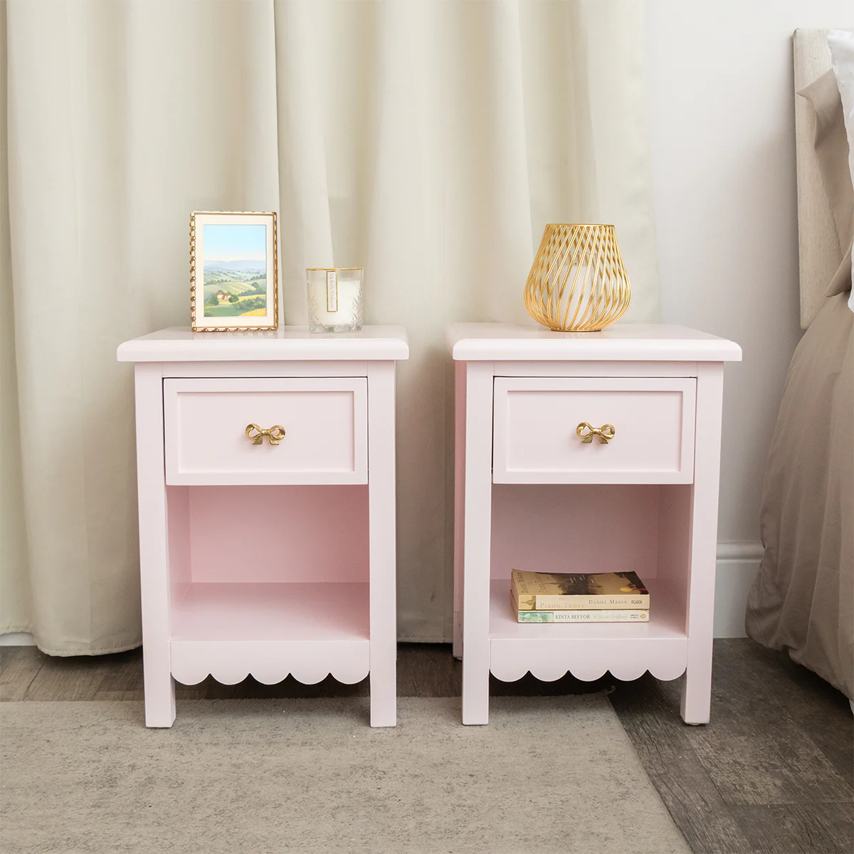 Pair of One Drawer Scalloped Bedside Tables - Staunton Pink Range - Image 6