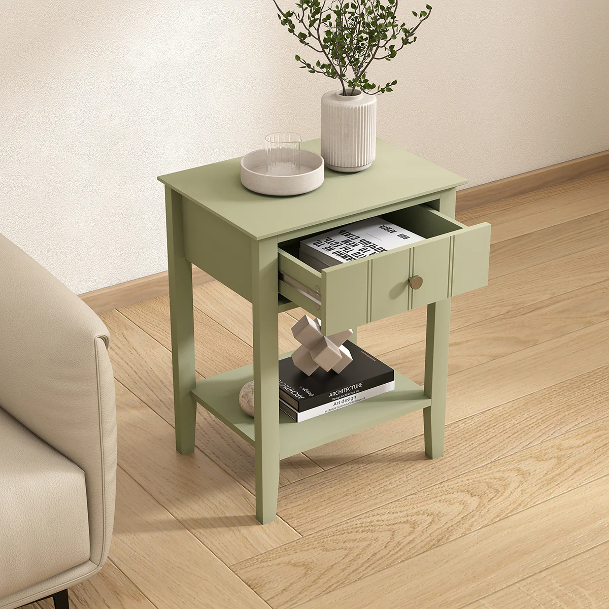 Pair Of Sage Green One Drawer Bedside Tables with Shelf - Padstowe Sage Green Range - Image 3