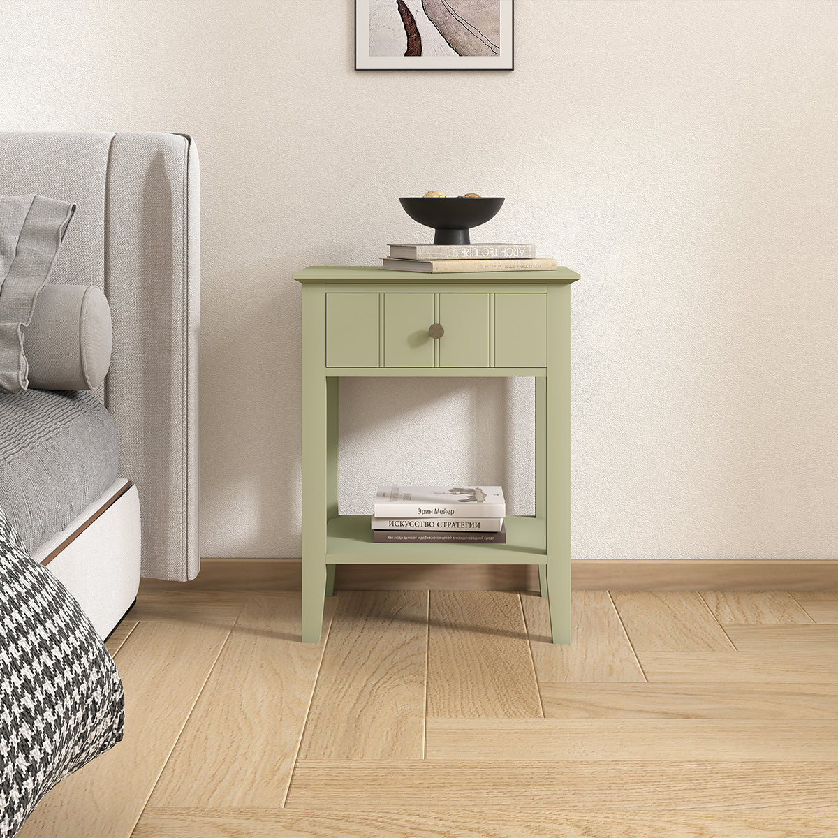 Pair Of Sage Green One Drawer Bedside Tables with Shelf - Padstowe Sage Green Range - Image 4