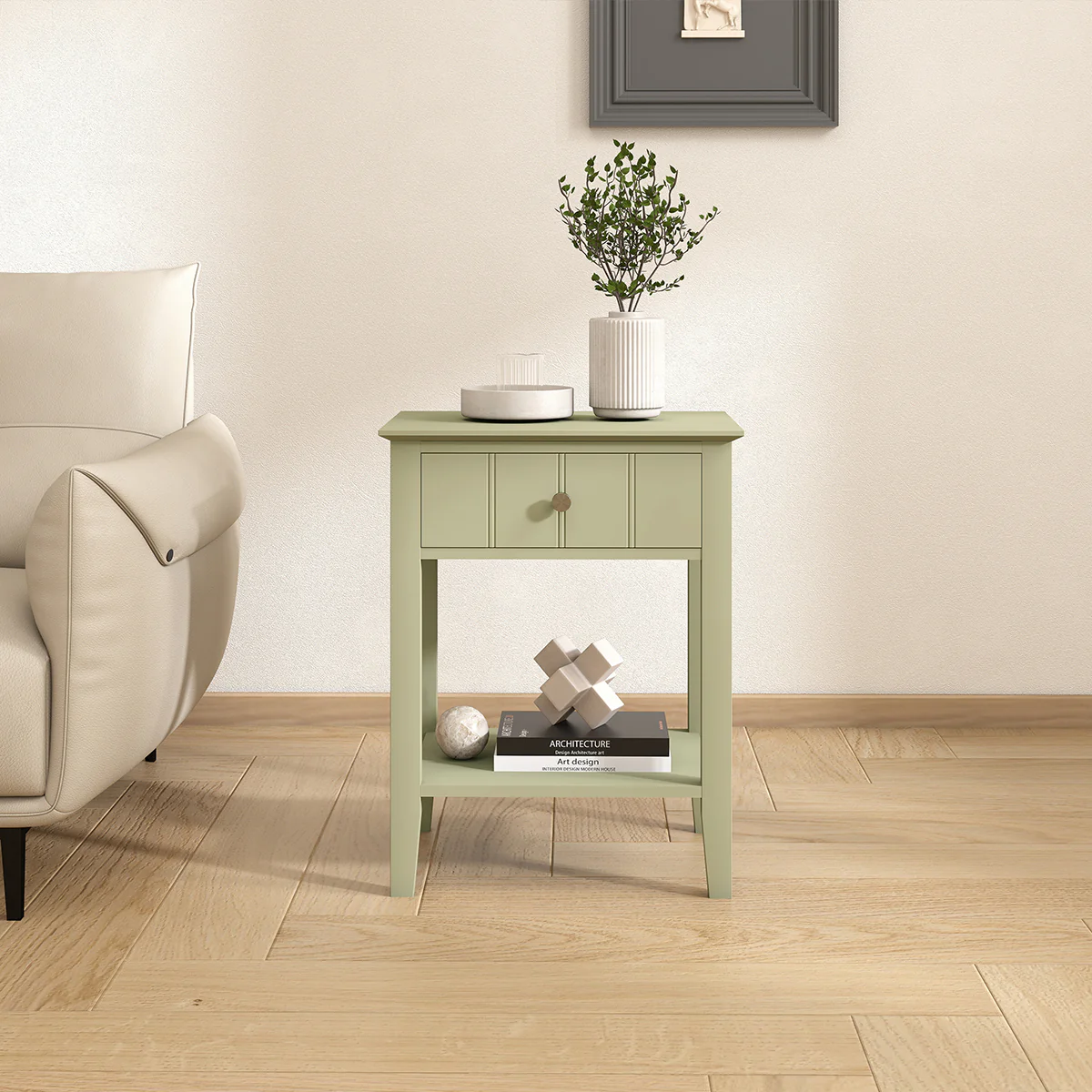 Pair Of Sage Green One Drawer Bedside Tables with Shelf - Padstowe Sage Green Range - Image 5