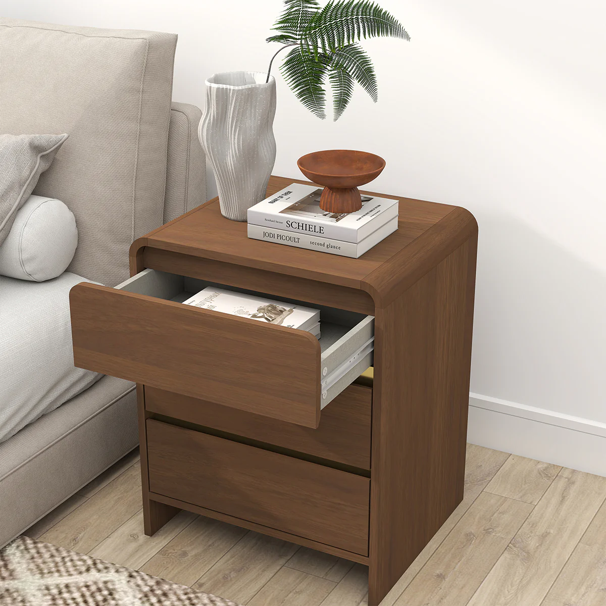 Pair of Walnut Brown 3 Drawer Bedside Tables - Meridian Walnut Range - Image 2