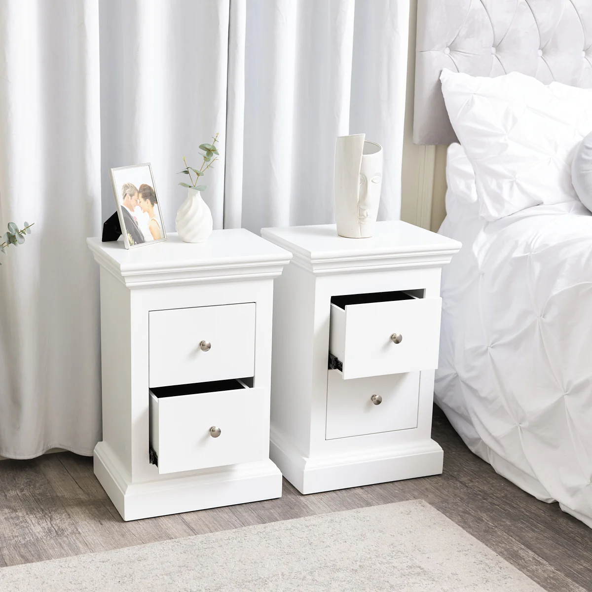 Pair of White 2 Drawer Bedside Tables - Slimline Haxey White Range - Image 3