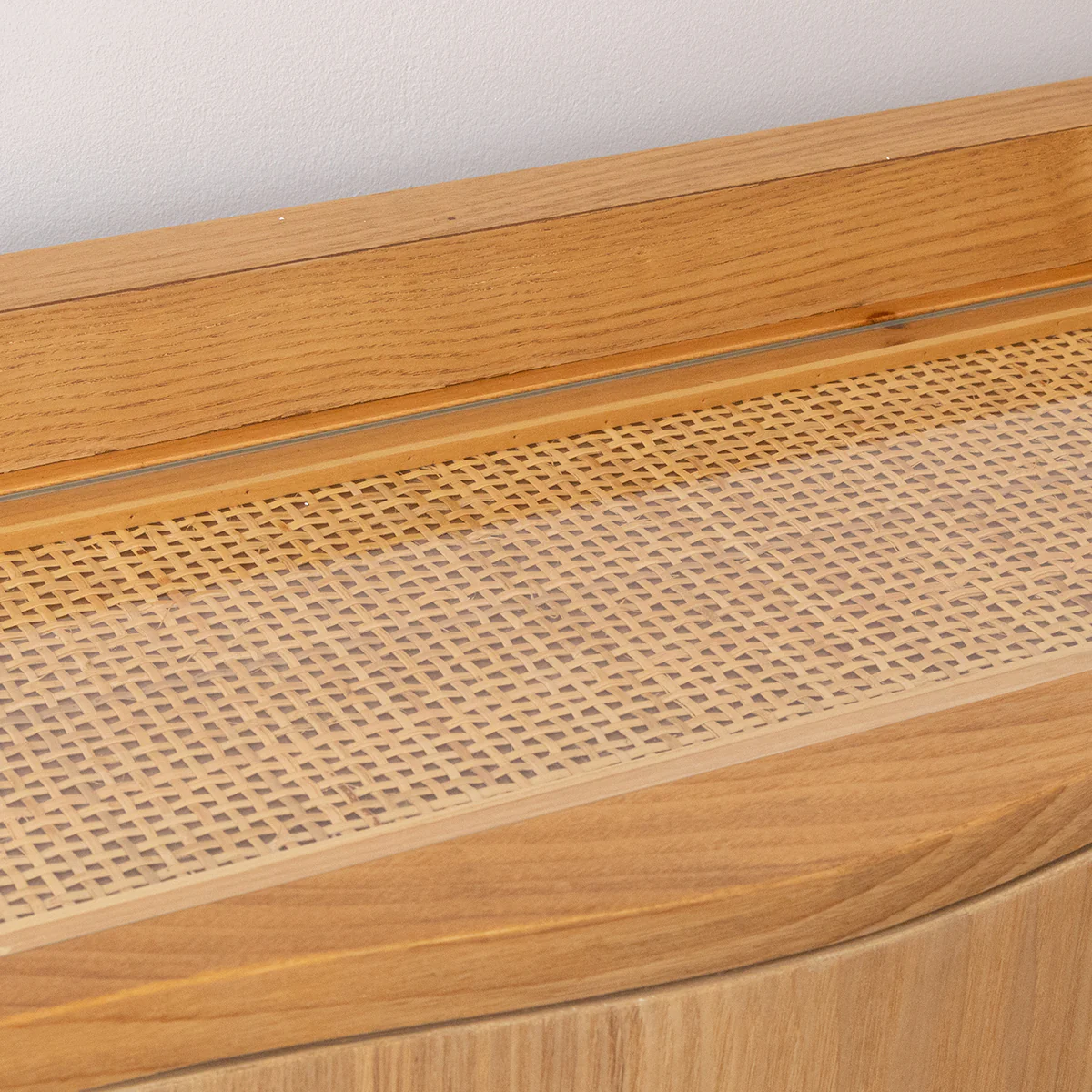 Pale Wood Curved 3 Drawer Console Table with Hessian & Glass Top - Austin Wood Range - Image 3