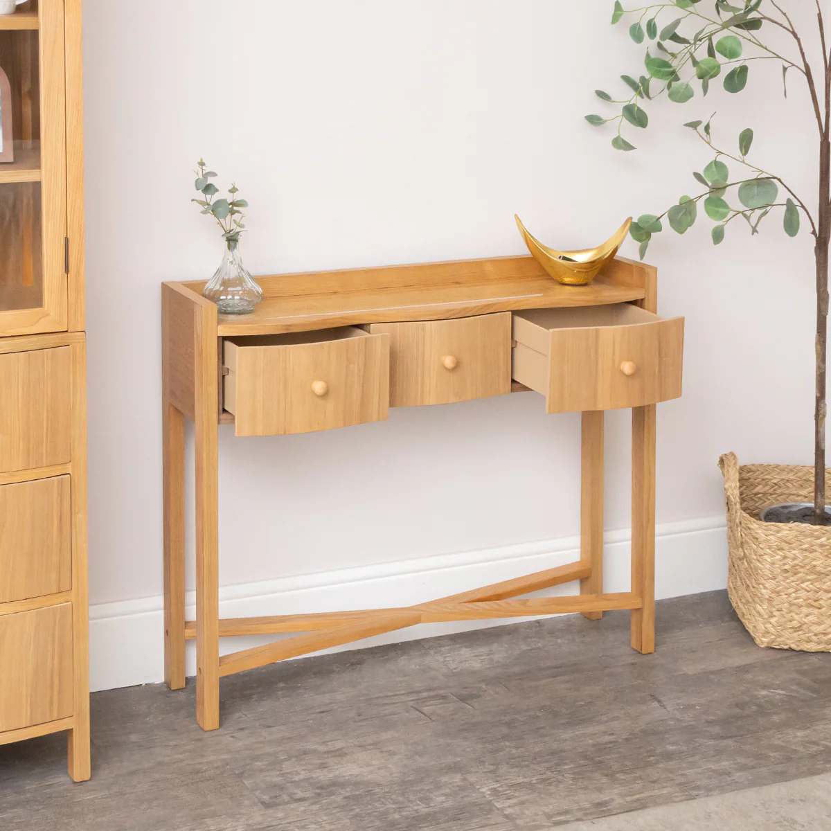 Pale Wood Curved 3 Drawer Console Table with Hessian & Glass Top - Austin Wood Range - Image 5