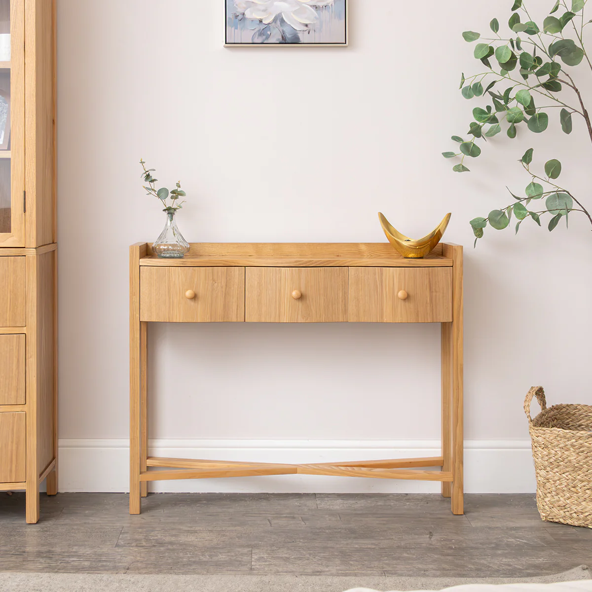 Pale Wood Curved 3 Drawer Console Table with Hessian & Glass Top - Austin Wood Range - Image 6