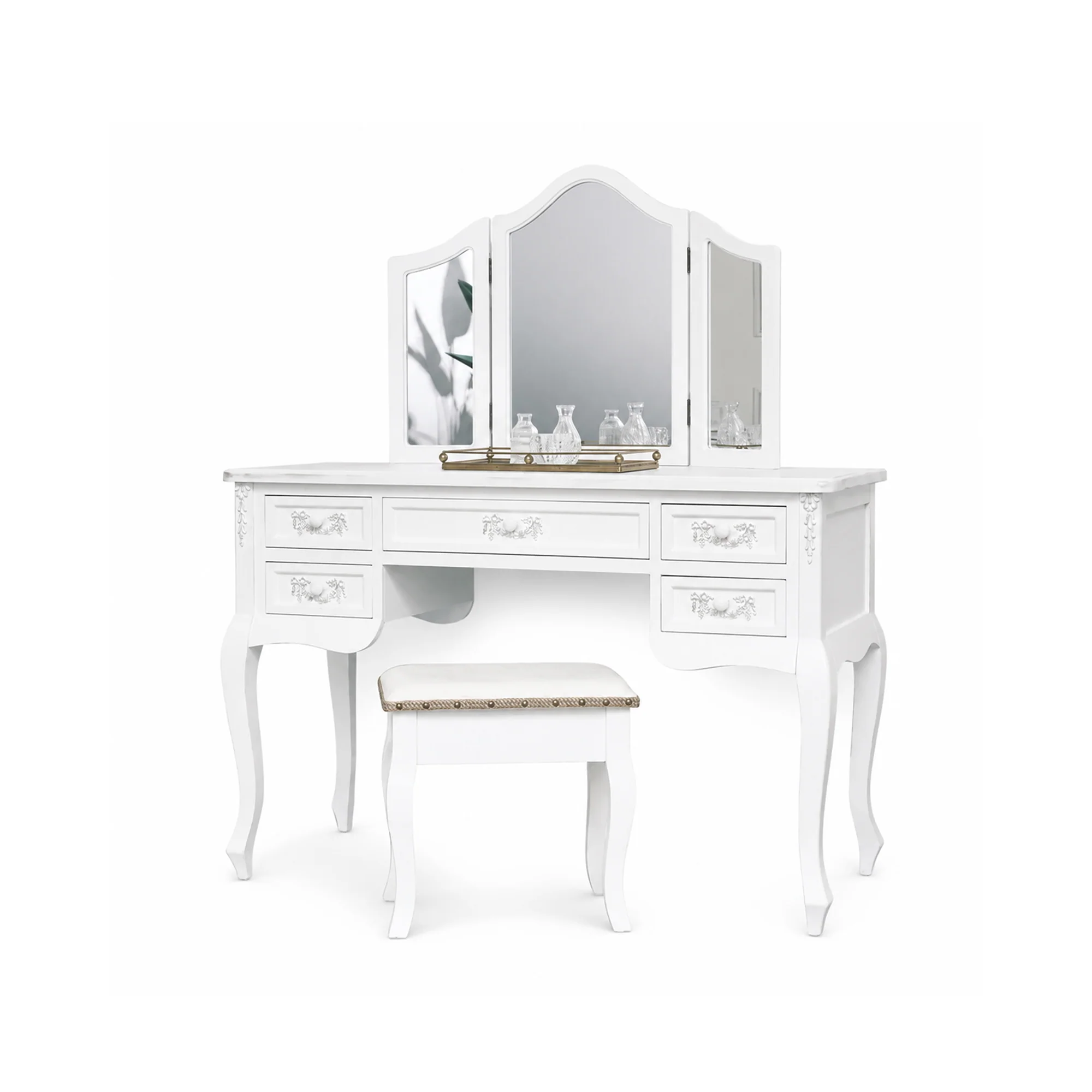 Antique White Dressing Table Desk with Triple Mirror and Stool - Pays Blanc Range - Image 13