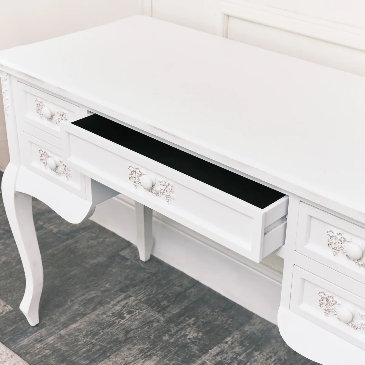 Antique White Dressing Table Desk with Triple Mirror and Stool - Pays Blanc Range - Image 4