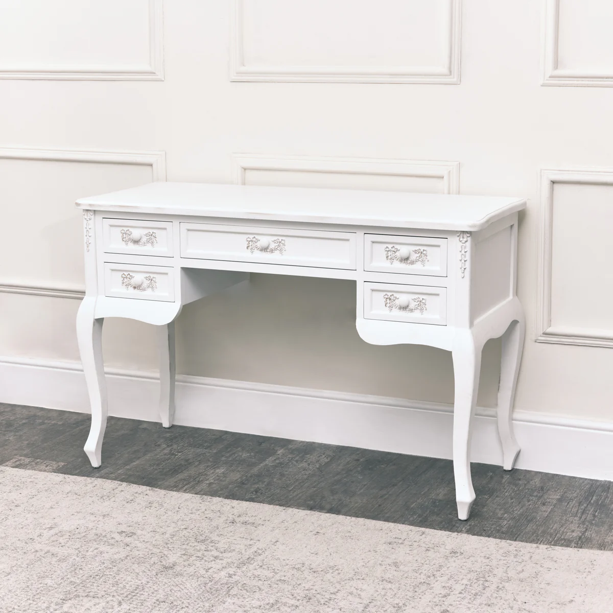 Antique White Dressing Table Desk with Triple Mirror and Stool - Pays Blanc Range - Image 6