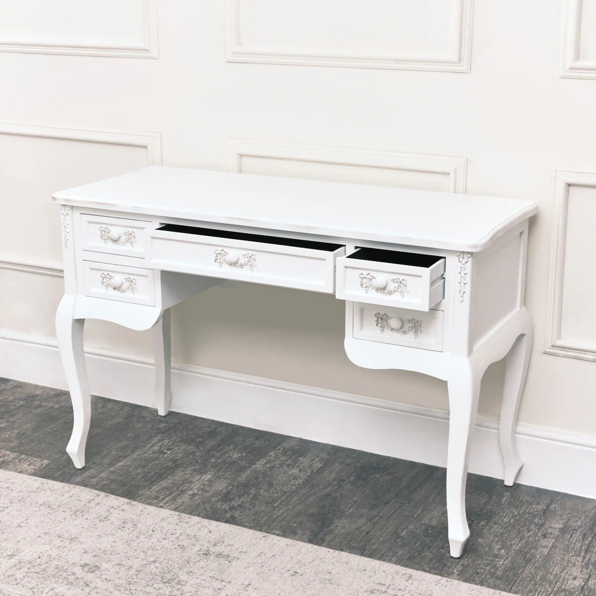 Antique White Dressing Table Desk with Triple Mirror and Stool - Pays Blanc Range - Image 9